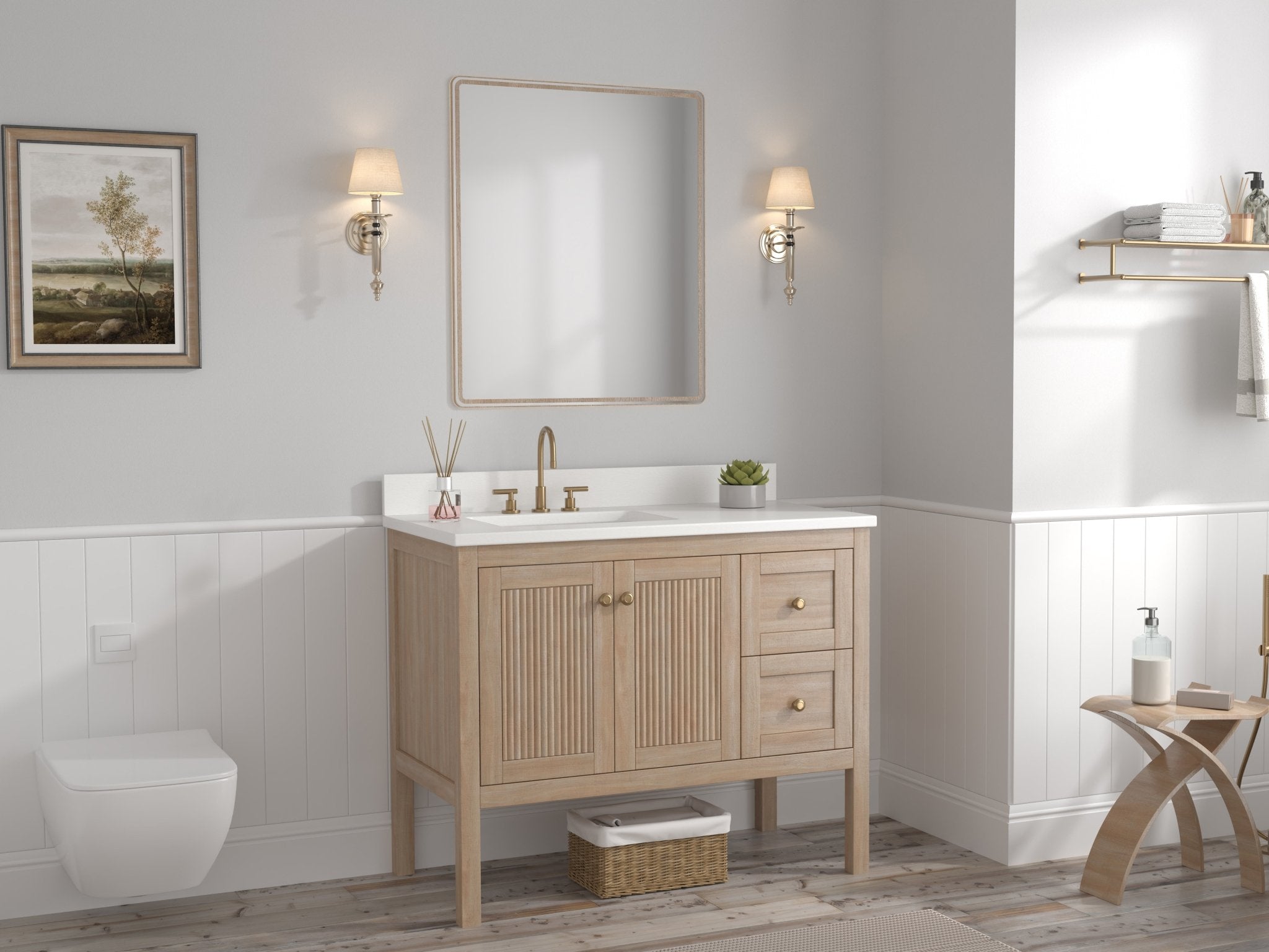 Chans Furniture GD-2462WD-42 42 Inch Modern Light Oak Sera Single Sink Bathroom Vanity With White Quartz Top