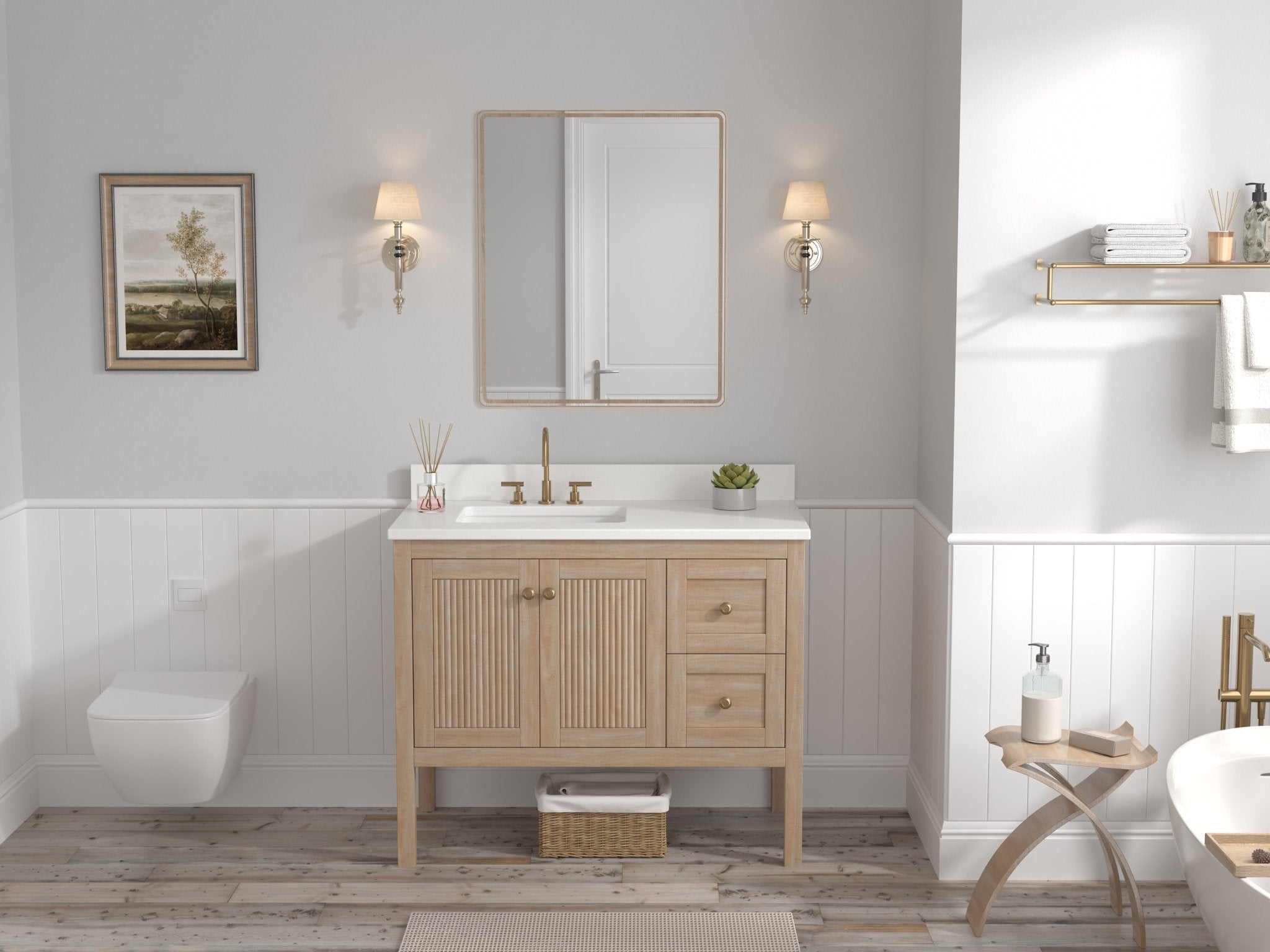 Chans Furniture GD-2462WD-42 42 Inch Modern Light Oak Sera Single Sink Bathroom Vanity With White Quartz Top