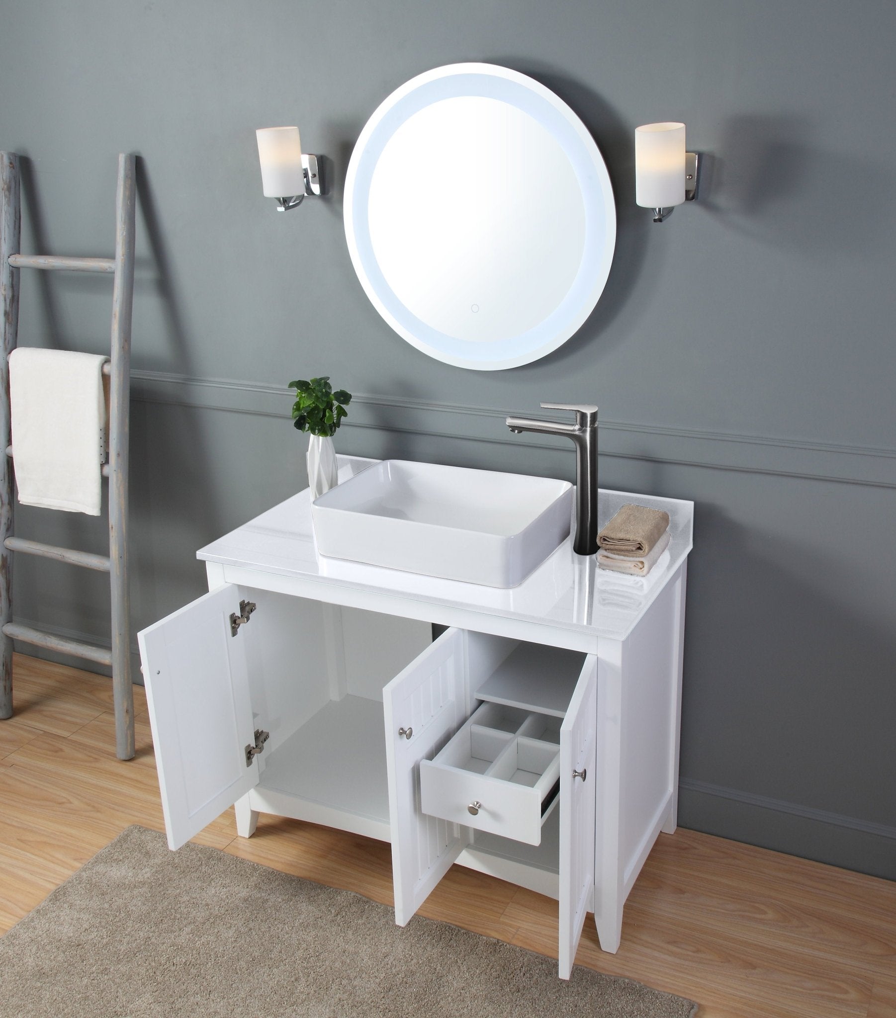 Chans Furniture CF-77888QT 42 Inch White Triadsville Farmhouse Style Vessel Sink Bathroom Vanity