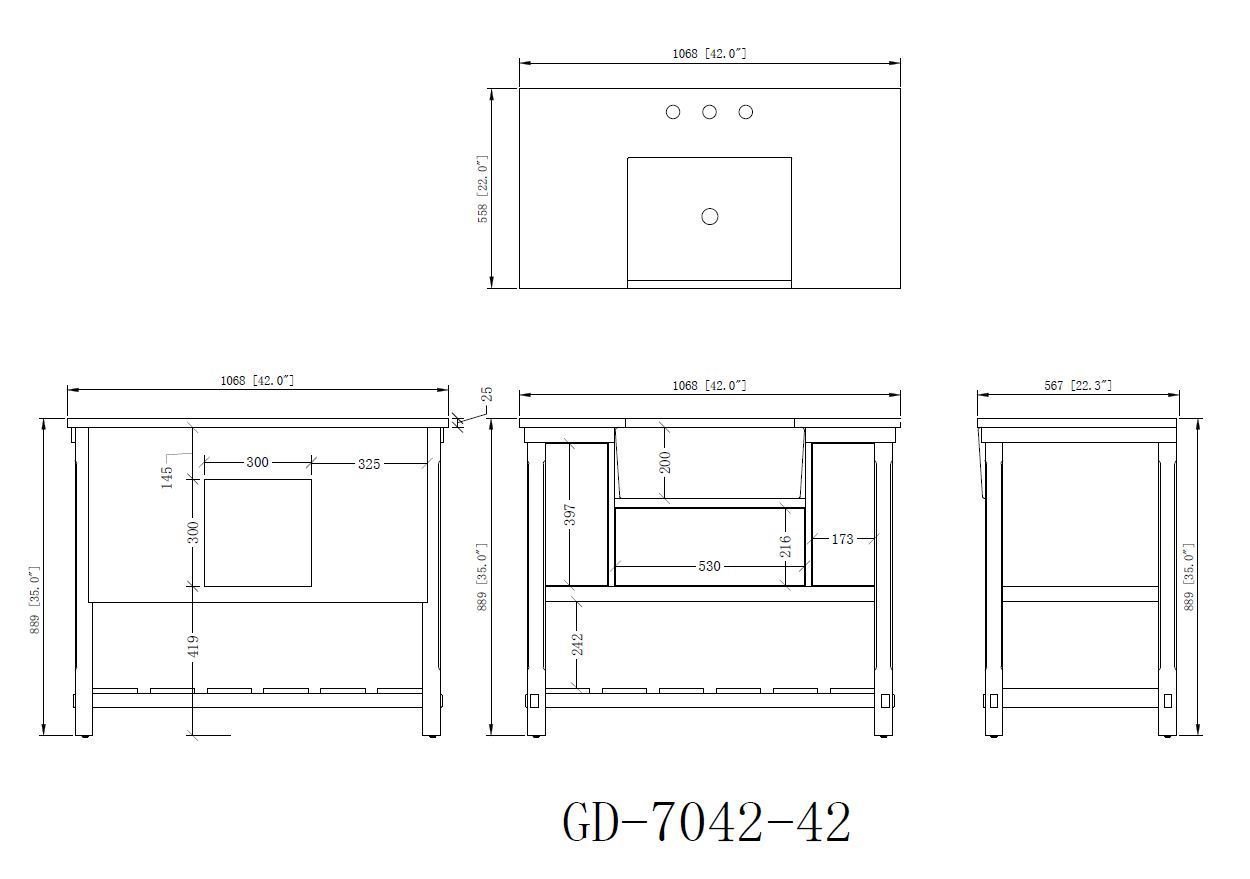 Chans Furniture 7042-WT42-GT 42 Inch Kendia White Farmhouse Sink Style Bathroom Vanity