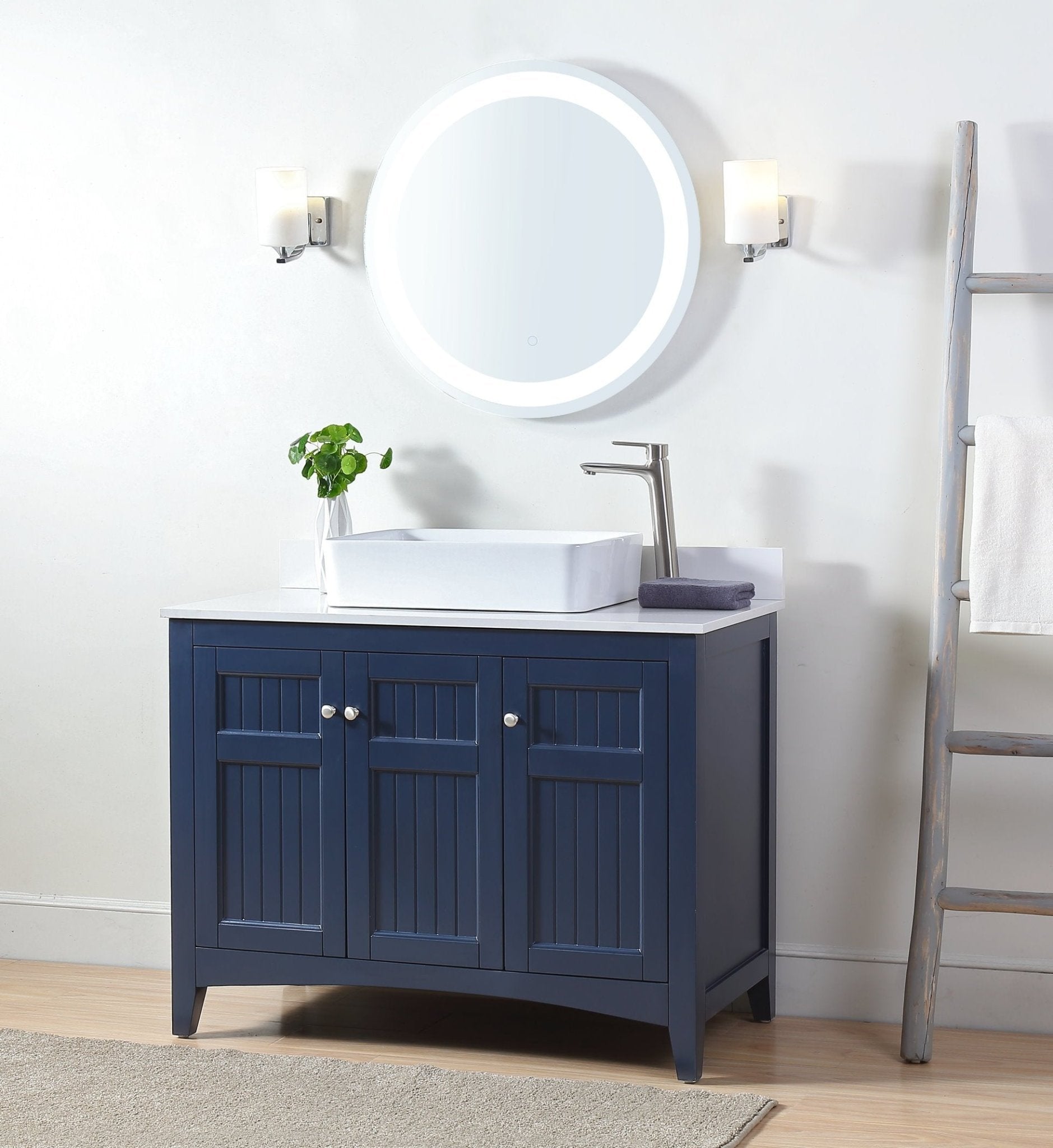 Chans Furniture CF-77333NB 42 Inch Navy Blue Triadsville Cottage-Style Vessel Sink Bathroom Vanity With White Quartz Top