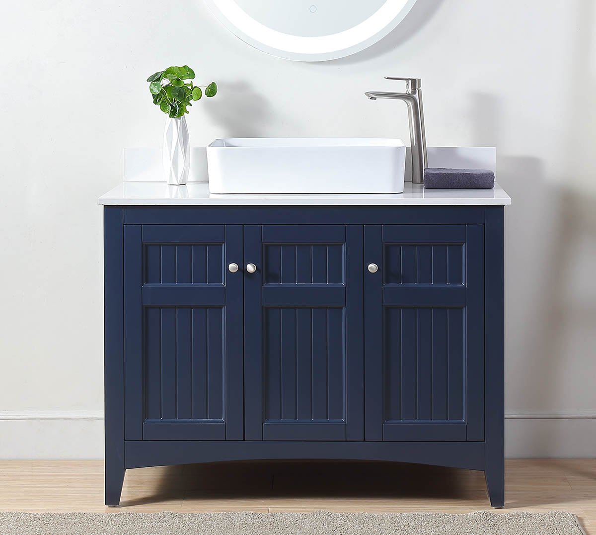 Chans Furniture CF-77333NB 42 Inch Navy Blue Triadsville Cottage-Style Vessel Sink Bathroom Vanity With White Quartz Top