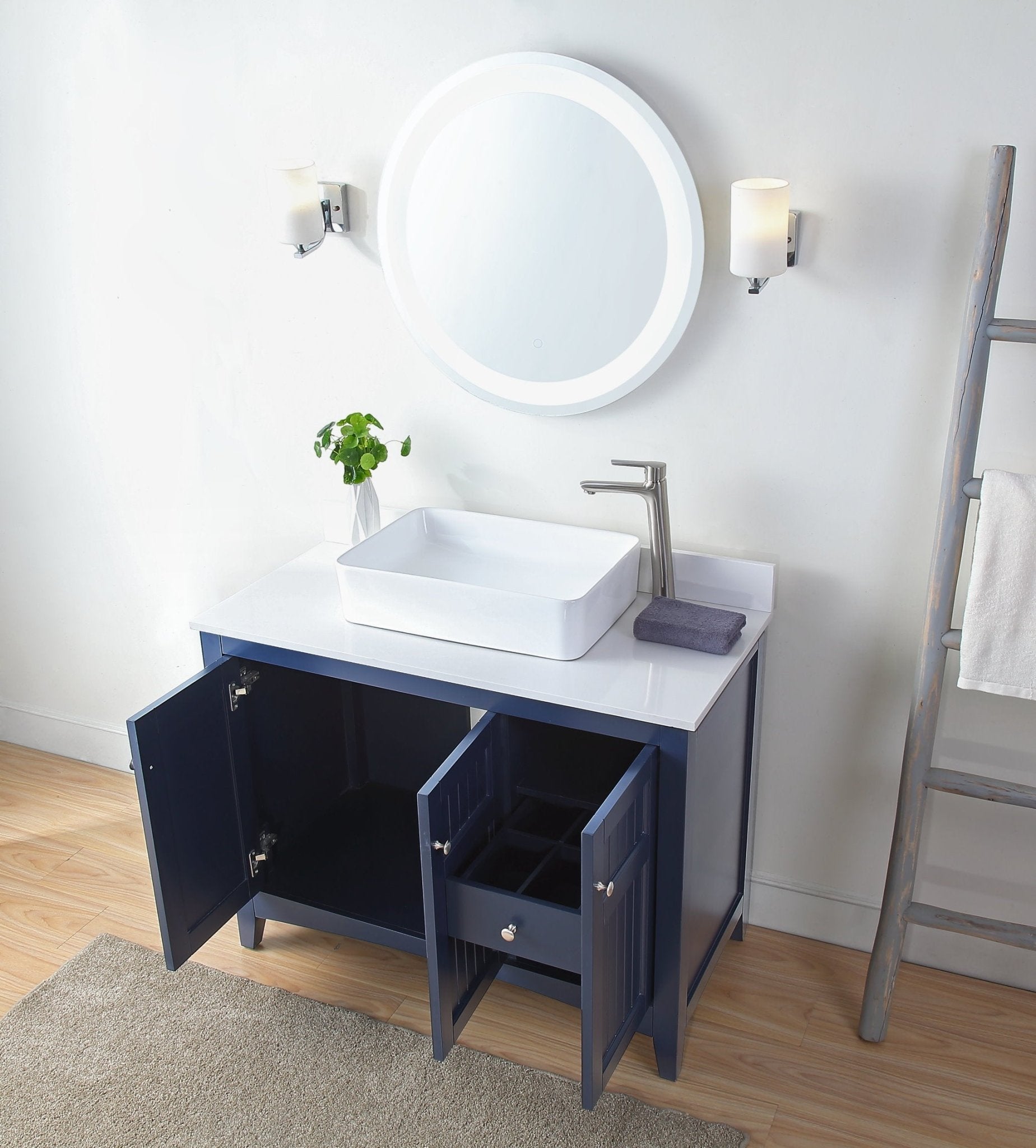Chans Furniture CF-77333NB 42 Inch Navy Blue Triadsville Cottage-Style Vessel Sink Bathroom Vanity With White Quartz Top
