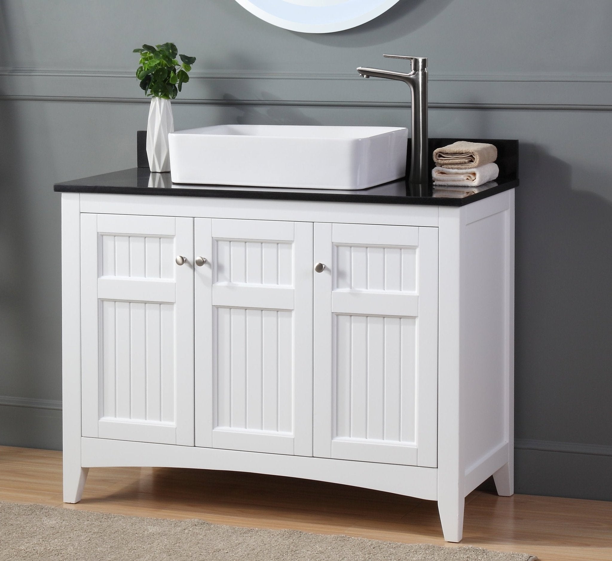 Chans Furniture CF-77888GT 42 Inch White Triadsville Vessel Sink Bathroom Vanity With Black Granite Top