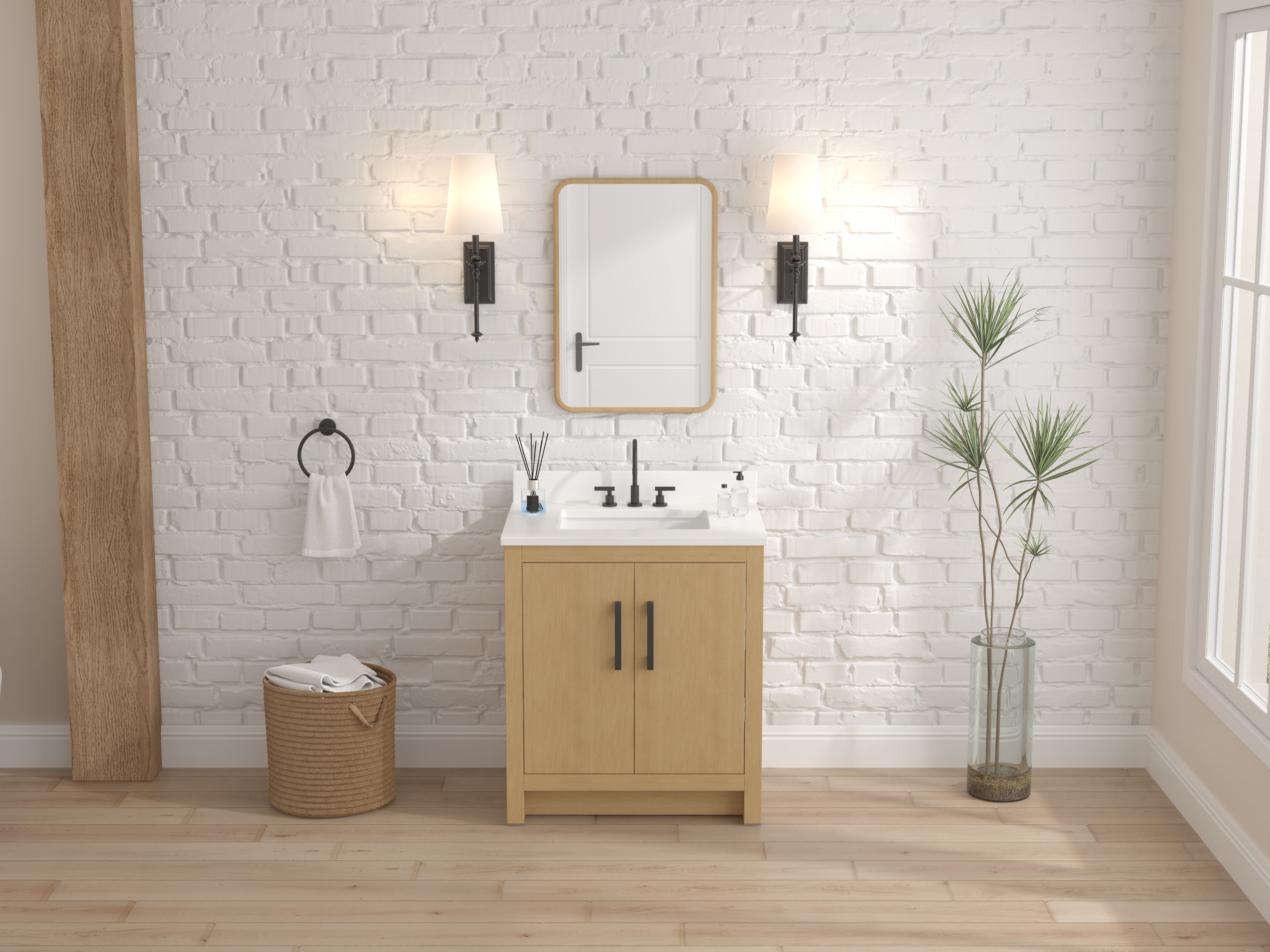 Chans Furniture VH-3320WD-30 30 Inch Light Oak Sandi Single Sink Bathroom Vanity Toe Kick Style With White Quartz Top