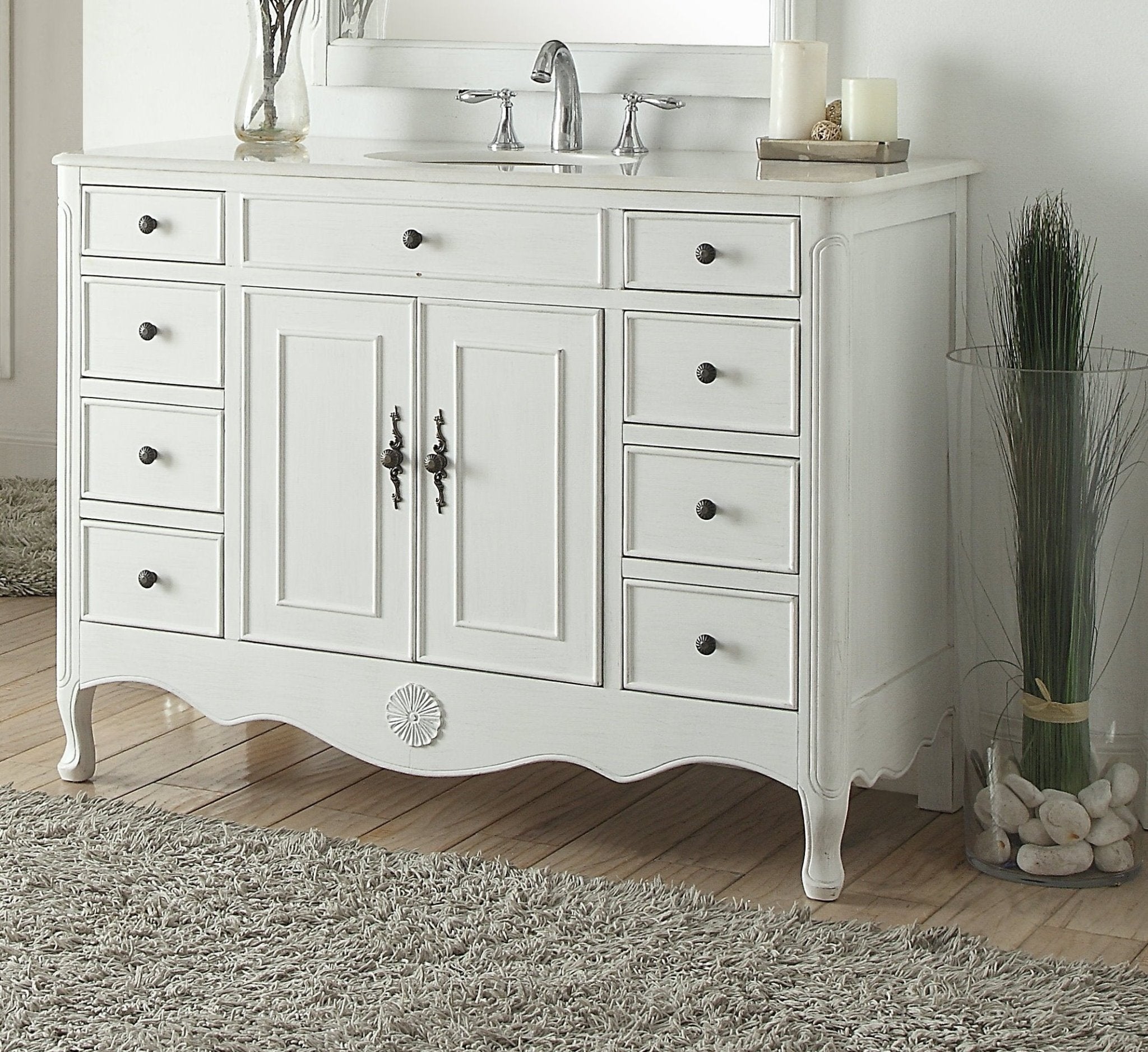 Chans Furniture HF-8535AW 46 Inch Distressed Antique White Cottage Style Fayetteville Bathroom Sink Vanity