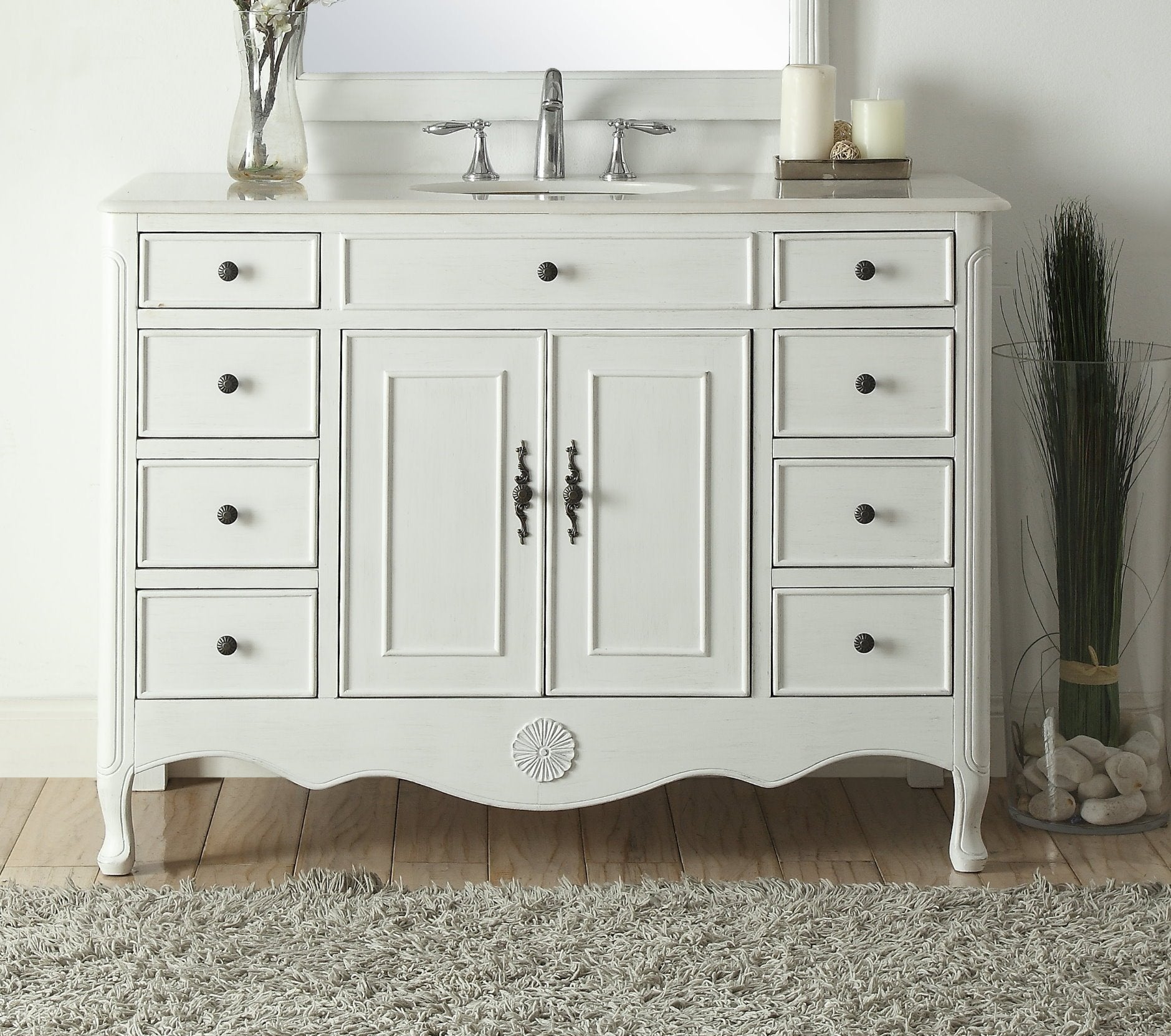 Chans Furniture HF-8535AW 46 Inch Distressed Antique White Cottage Style Fayetteville Bathroom Sink Vanity