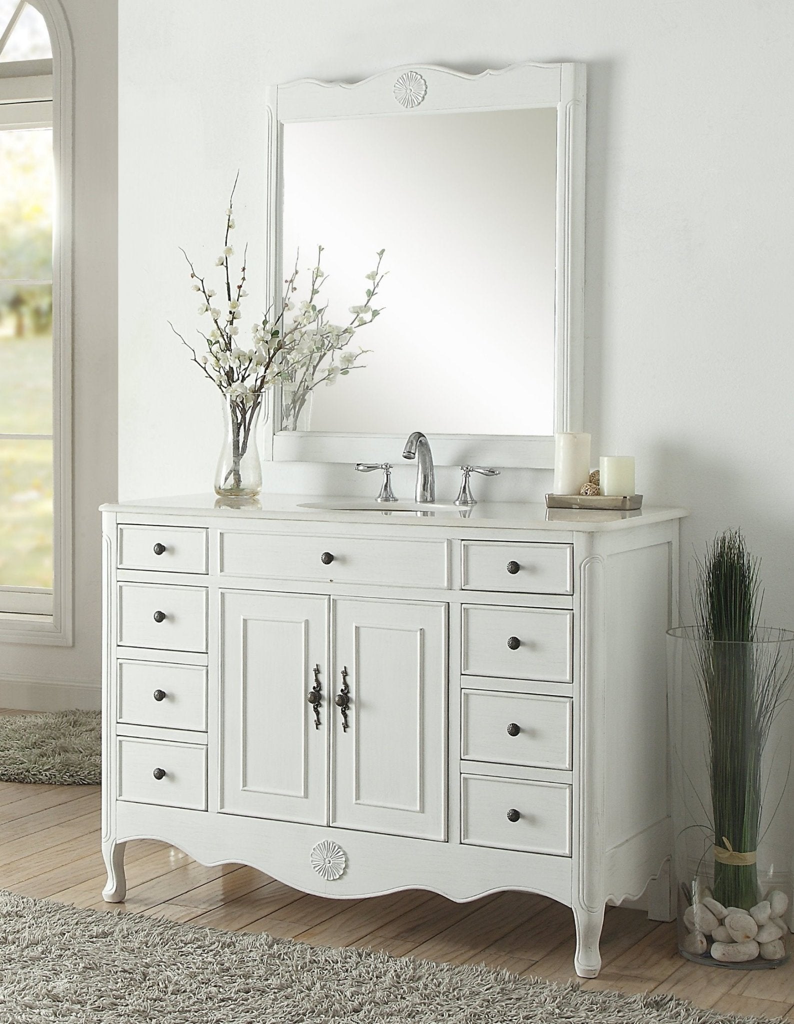 Chans Furniture HF-8535AW 46 Inch Distressed Antique White Cottage Style Fayetteville Bathroom Sink Vanity