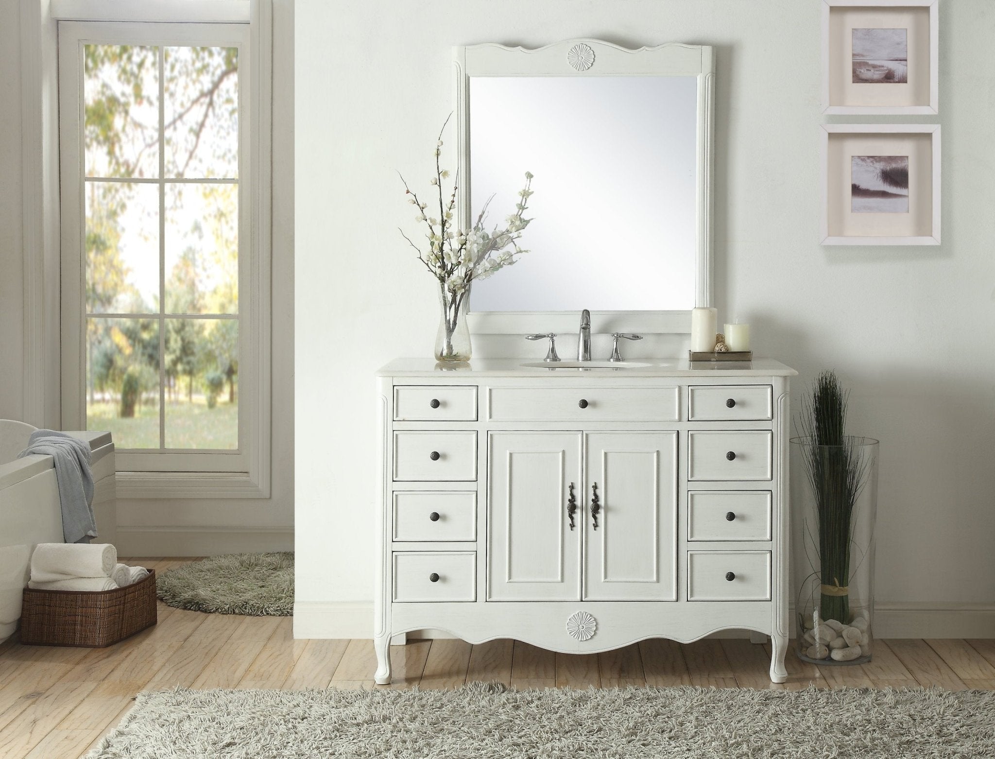 Chans Furniture HF-8535AW 46 Inch Distressed Antique White Cottage Style Fayetteville Bathroom Sink Vanity