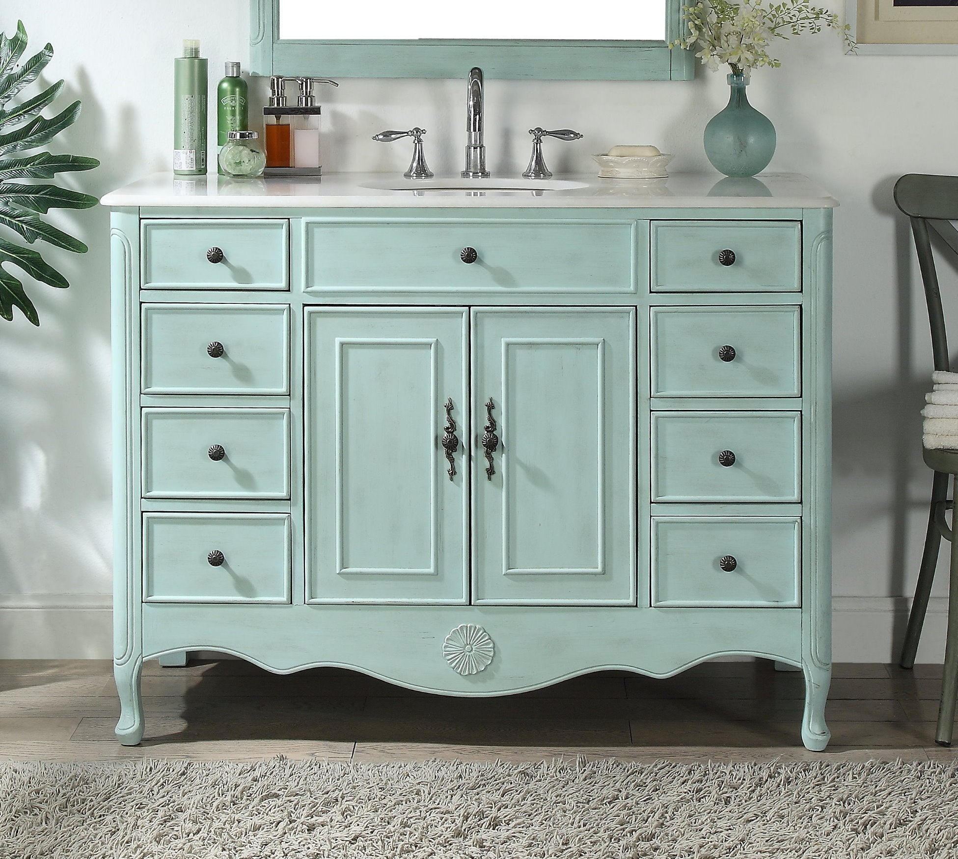 Chans Furniture HF-8535BU 46 Inch Distressed Light Blue Cottage Style Fayetteville Bathroom Sink Vanity