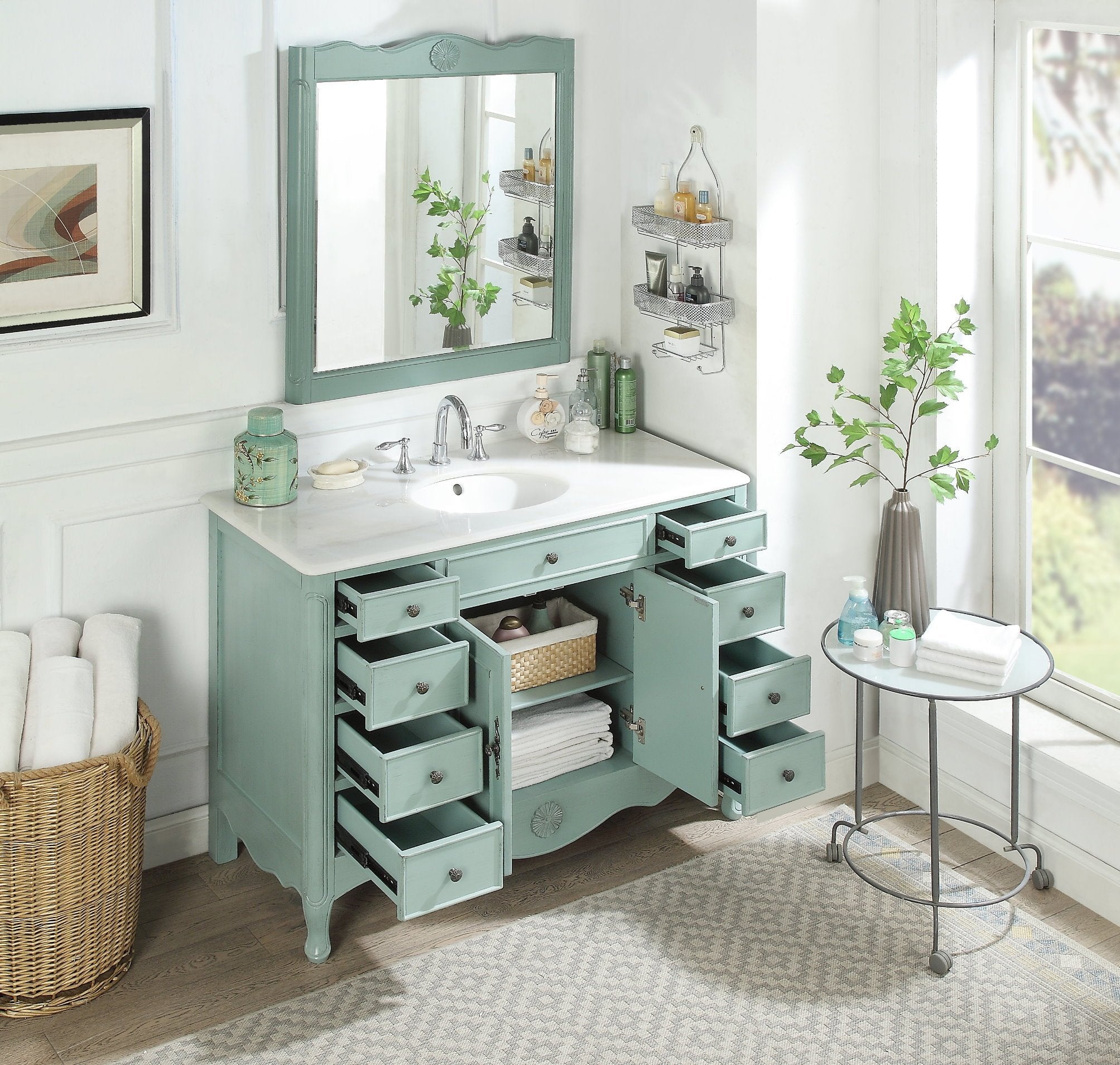 Chans Furniture HF-8535BU 46 Inch Distressed Light Blue Cottage Style Fayetteville Bathroom Sink Vanity