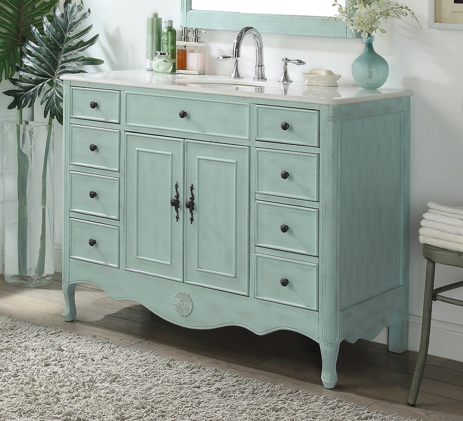 Chans Furniture HF-8535BU 46 Inch Distressed Light Blue Cottage Style Fayetteville Bathroom Sink Vanity