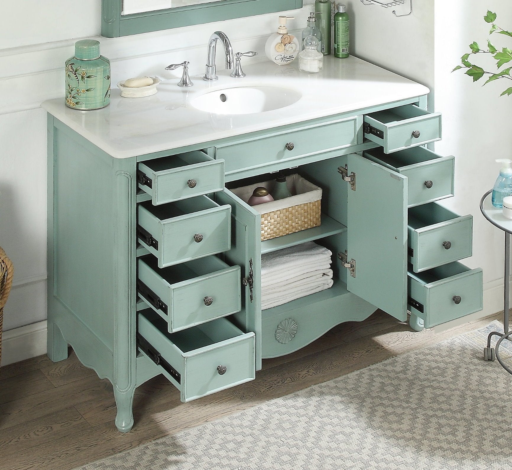 Chans Furniture HF-8535BU 46 Inch Distressed Light Blue Cottage Style Fayetteville Bathroom Sink Vanity