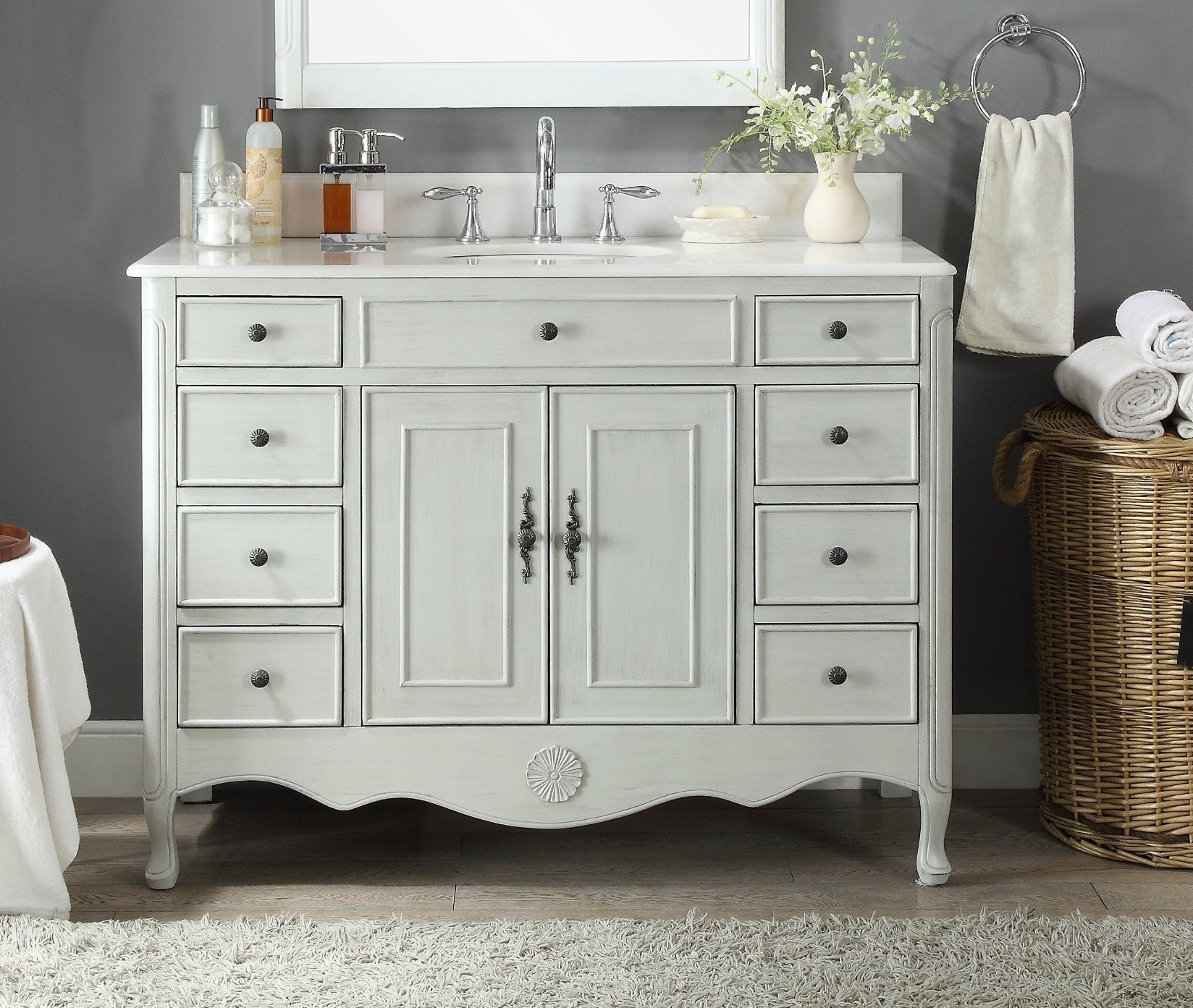 Chans Furniture HF-8535CK 46 Inch Distressed Light Gray Cottage Style Fayetteville Bathroom Sink Vanity