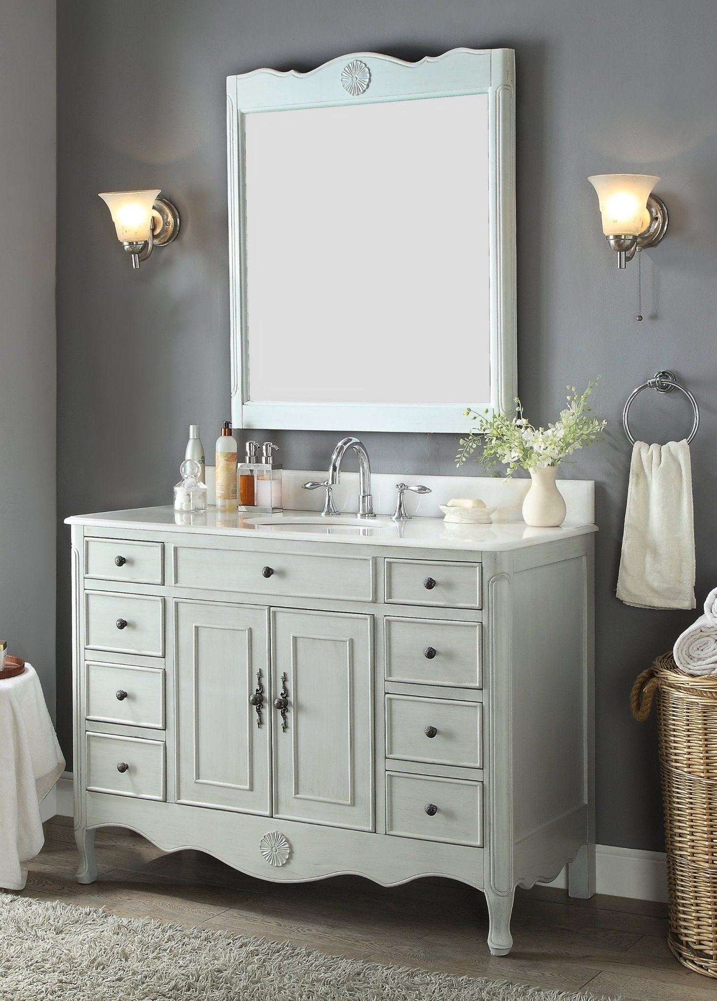 Chans Furniture HF-8535CK 46 Inch Distressed Light Gray Cottage Style Fayetteville Bathroom Sink Vanity