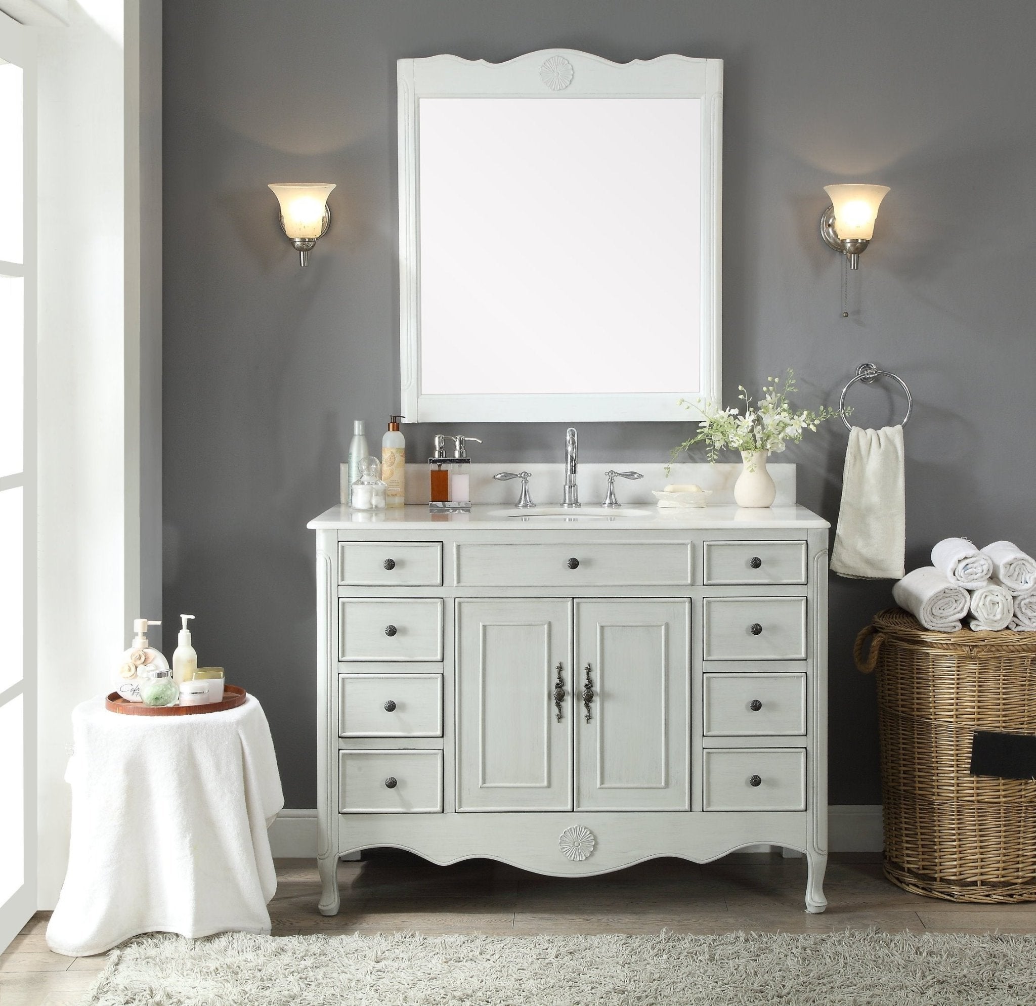 Chans Furniture HF-8535CK 46 Inch Distressed Light Gray Cottage Style Fayetteville Bathroom Sink Vanity