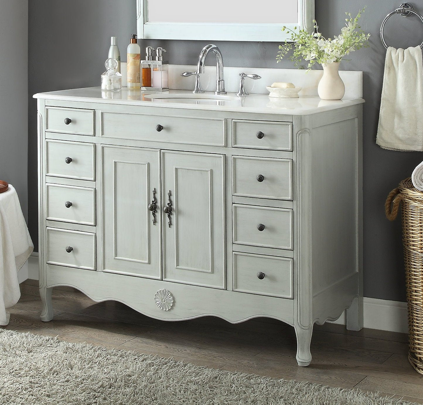 Chans Furniture HF-8535CK 46 Inch Distressed Light Gray Cottage Style Fayetteville Bathroom Sink Vanity