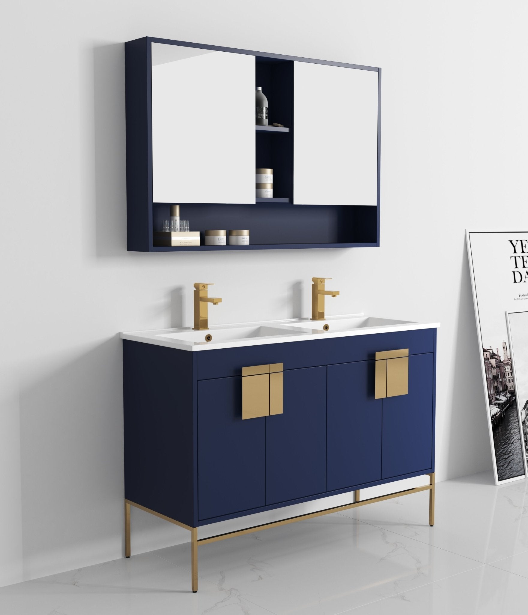 Chans Furniture CL-108NB-47QD 48" Tennant Brand Kuro Minimalistic Navy Blue Double Bathroom Vanity