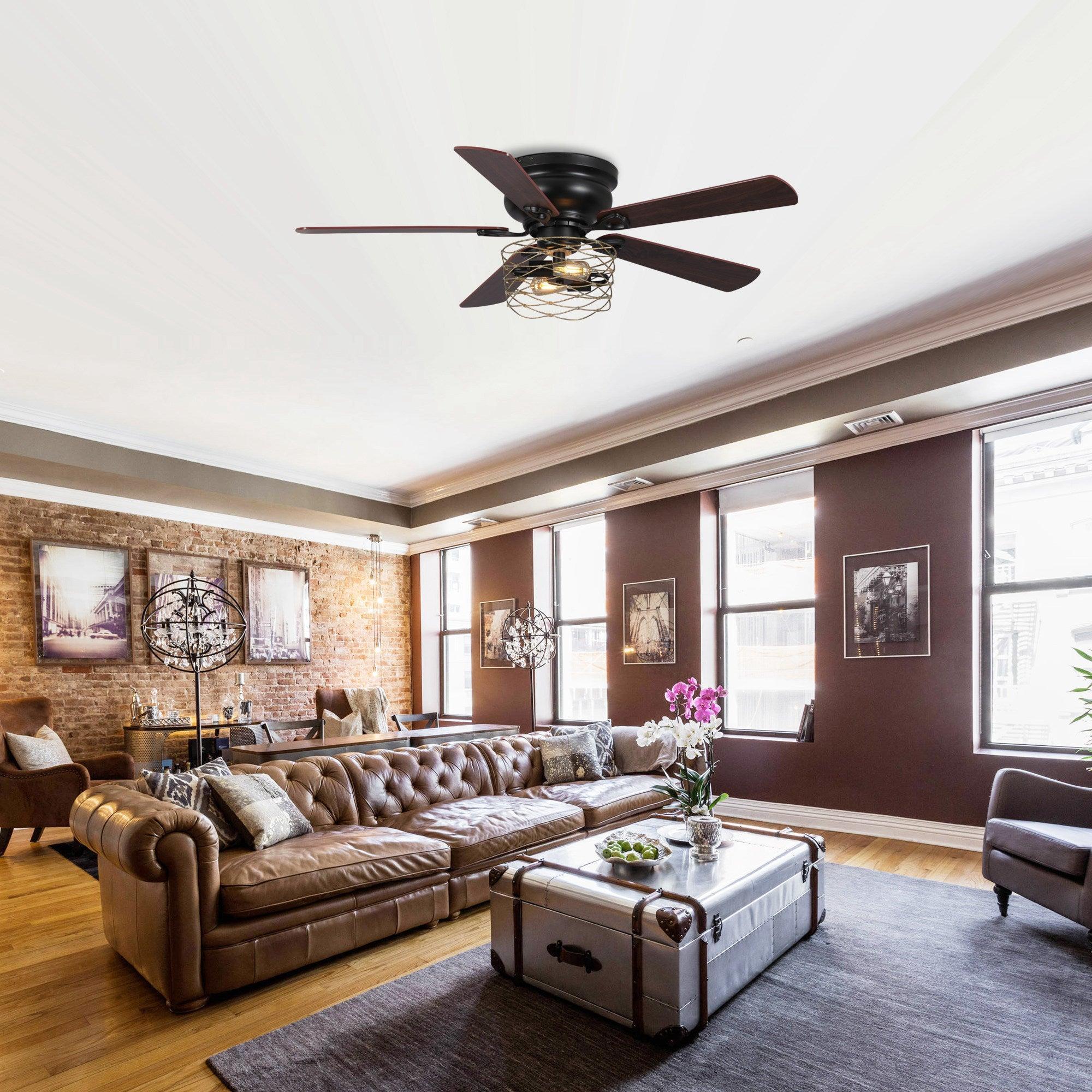48" Athens Farmhouse Flush Mount Reversible Ceiling Fan with Lighting and Remote Control