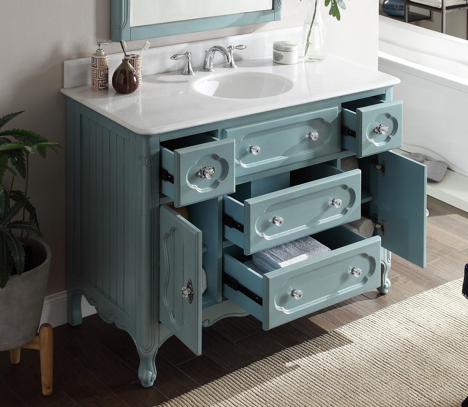 Chans Furniture GD-1522BU 48 Inch Light Blue Charming Cottage Chic Knoxville Vanity With Marble Top