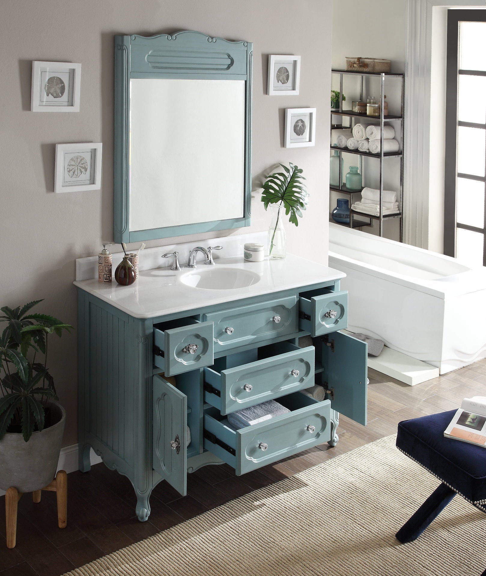 Chans Furniture GD-1522BU 48 Inch Light Blue Charming Cottage Chic Knoxville Vanity With Marble Top