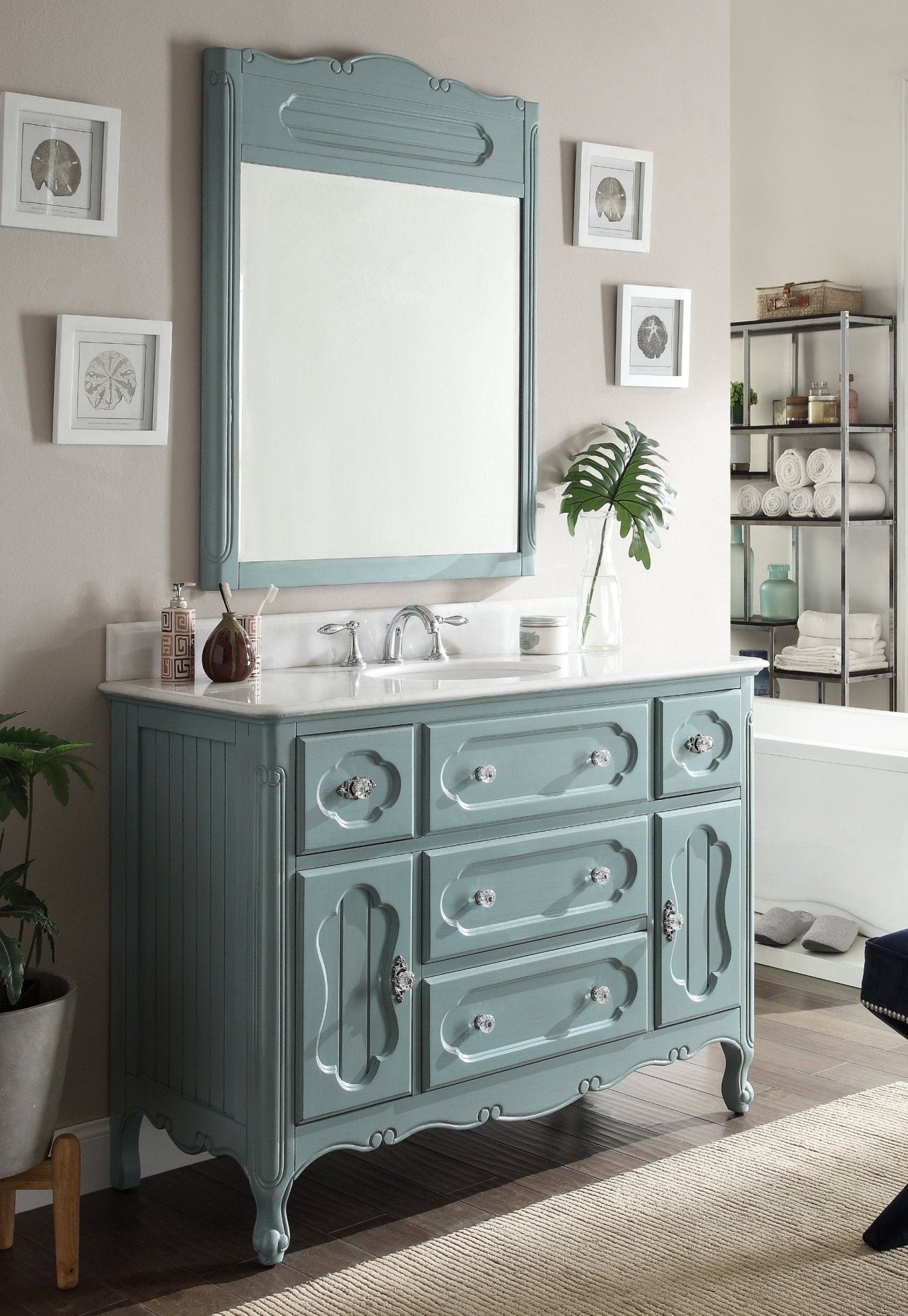 Chans Furniture GD-1522BU 48 Inch Light Blue Charming Cottage Chic Knoxville Vanity With Marble Top