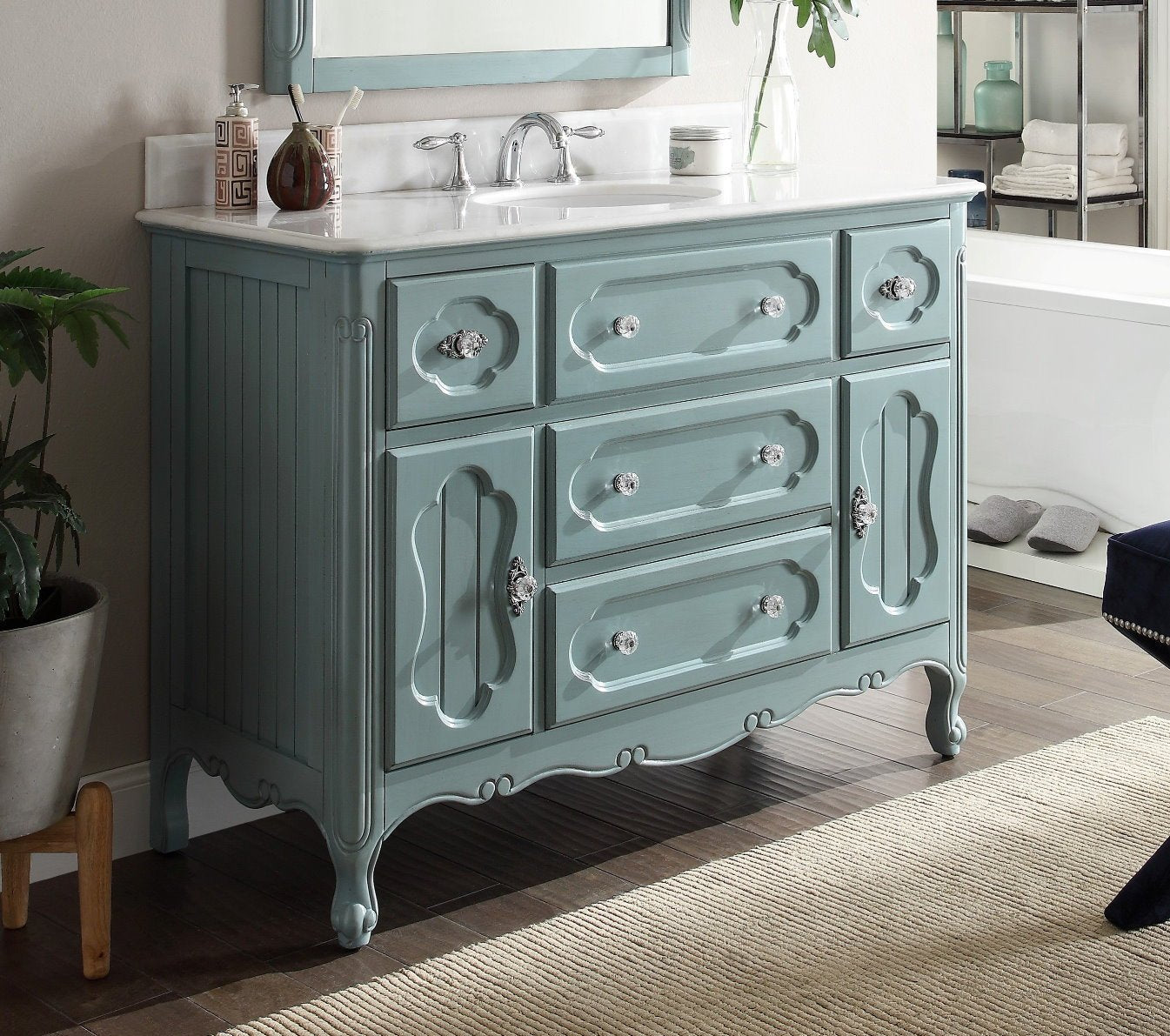 Chans Furniture GD-1522BU 48 Inch Light Blue Charming Cottage Chic Knoxville Vanity With Marble Top