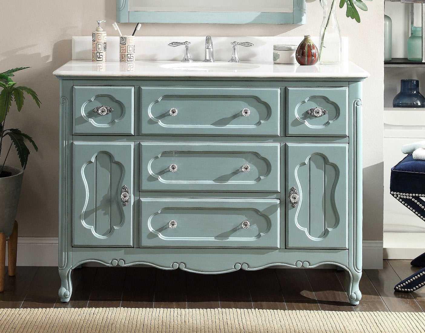 Chans Furniture GD-1522BU 48 Inch Light Blue Charming Cottage Chic Knoxville Vanity With Marble Top