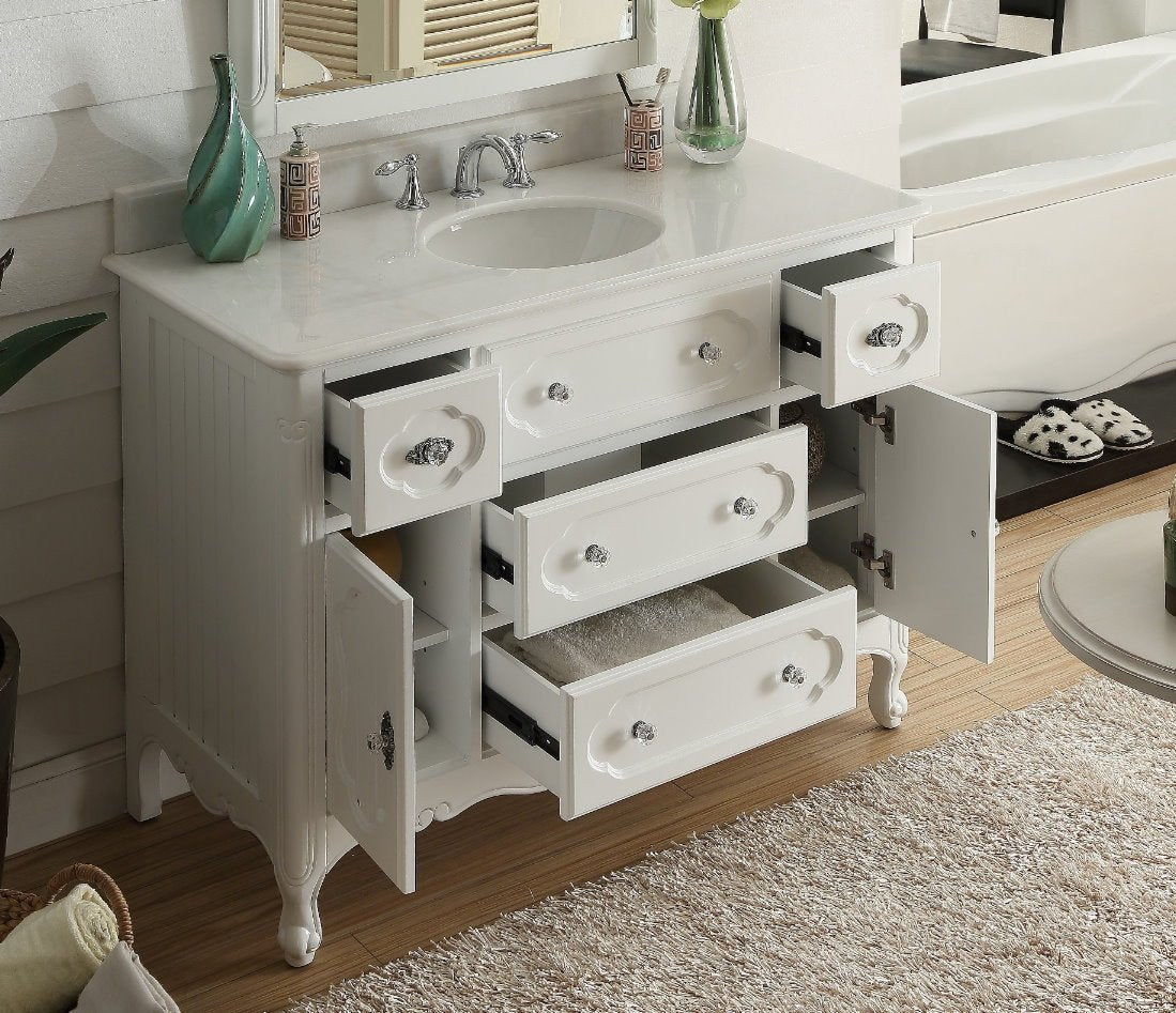 Chans Furniture GD-1522W 48 Inch White Charming Cottage Chic Knoxville Vanity With Marble Top