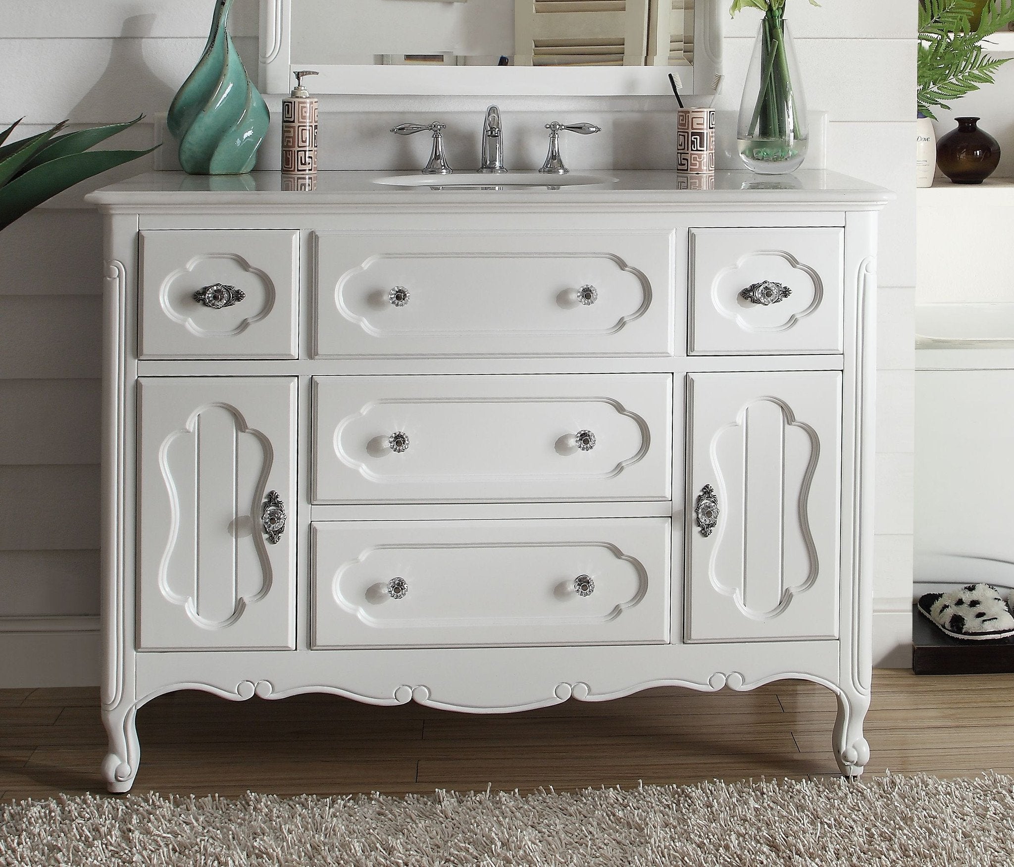 Chans Furniture GD-1522W 48 Inch White Charming Cottage Chic Knoxville Vanity With Marble Top
