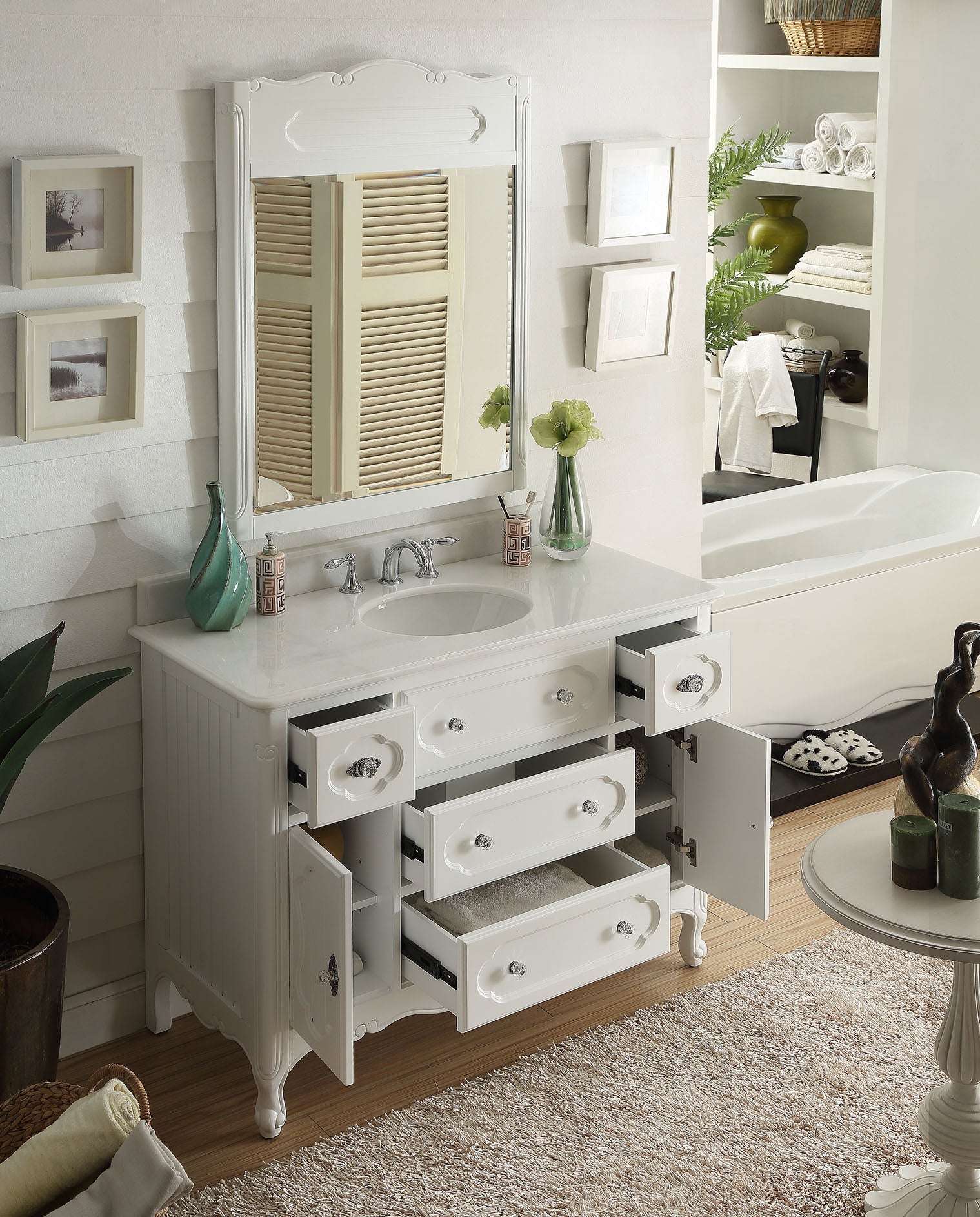 Chans Furniture GD-1522W 48 Inch White Charming Cottage Chic Knoxville Vanity With Marble Top