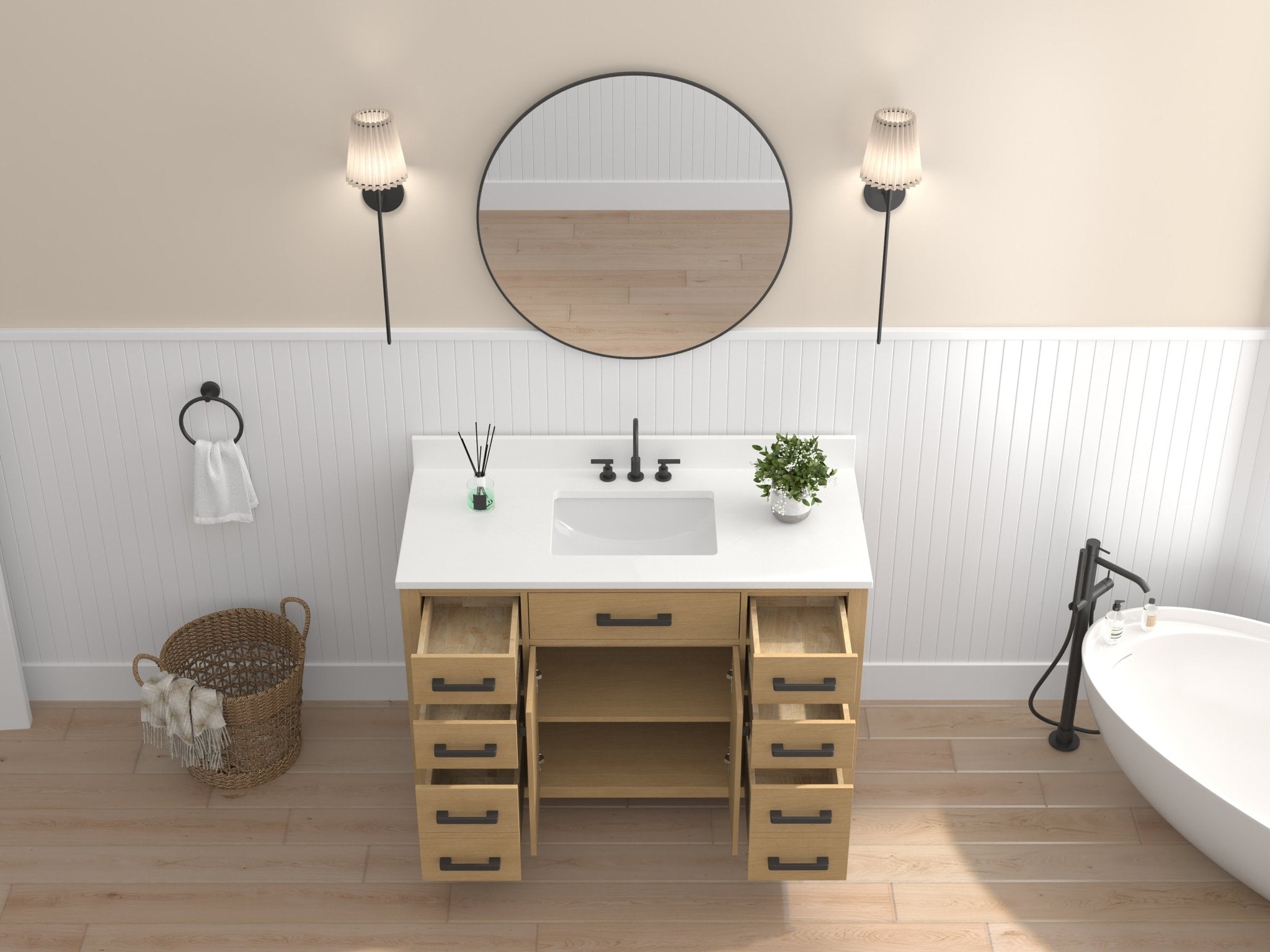 Chans Furniture VH-6608WD-48 48 Inch Aged Oak Finish Rella Single Sink Bathroom Vanity With White Quartz Top