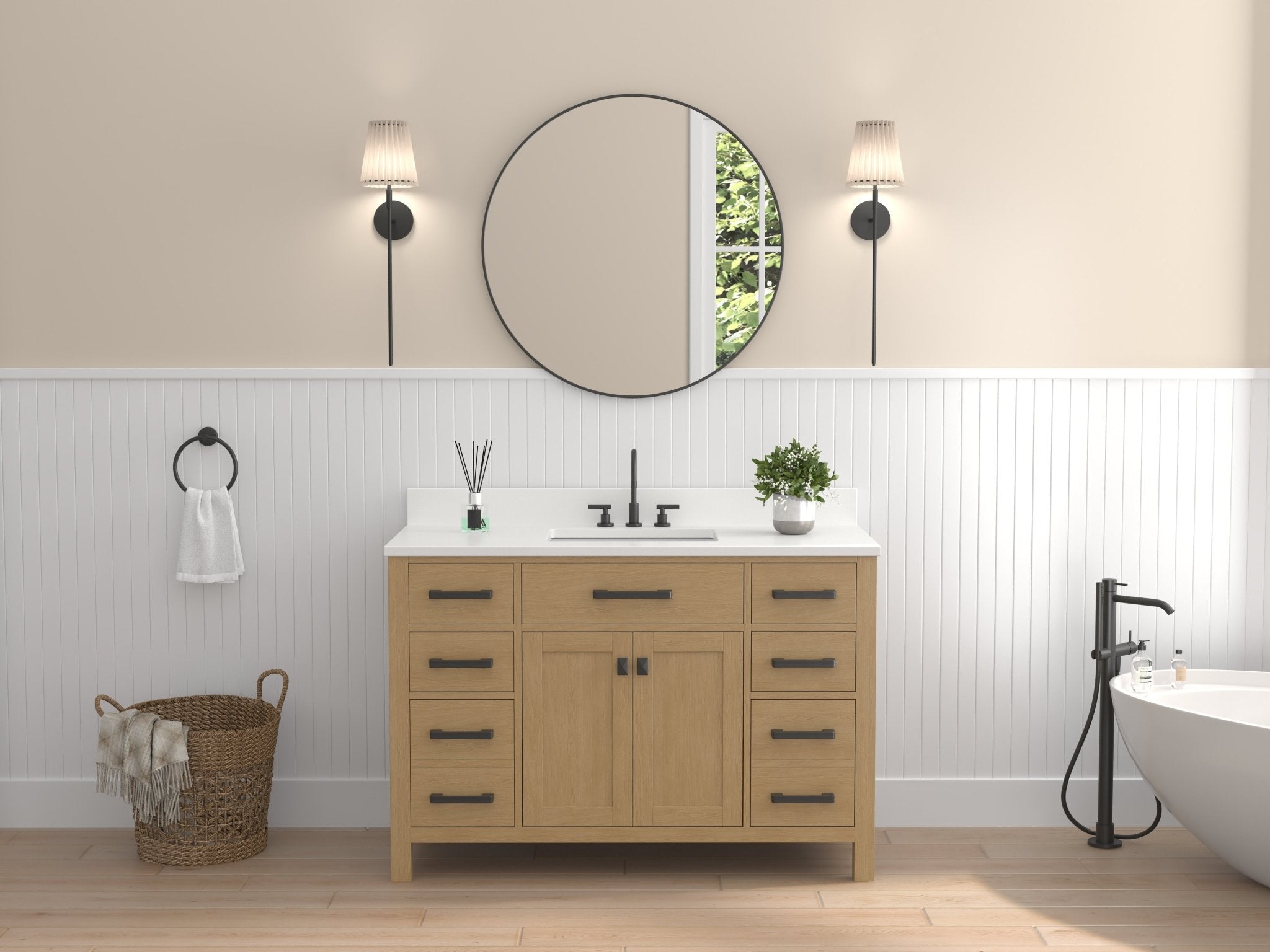 Chans Furniture VH-6608WD-48 48 Inch Aged Oak Finish Rella Single Sink Bathroom Vanity With White Quartz Top