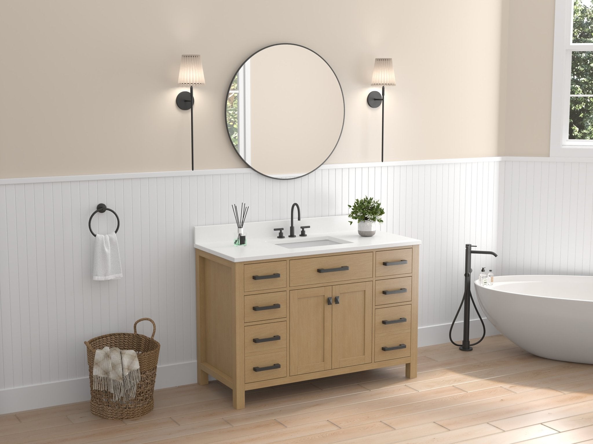 Chans Furniture VH-6608WD-48 48 Inch Aged Oak Finish Rella Single Sink Bathroom Vanity With White Quartz Top