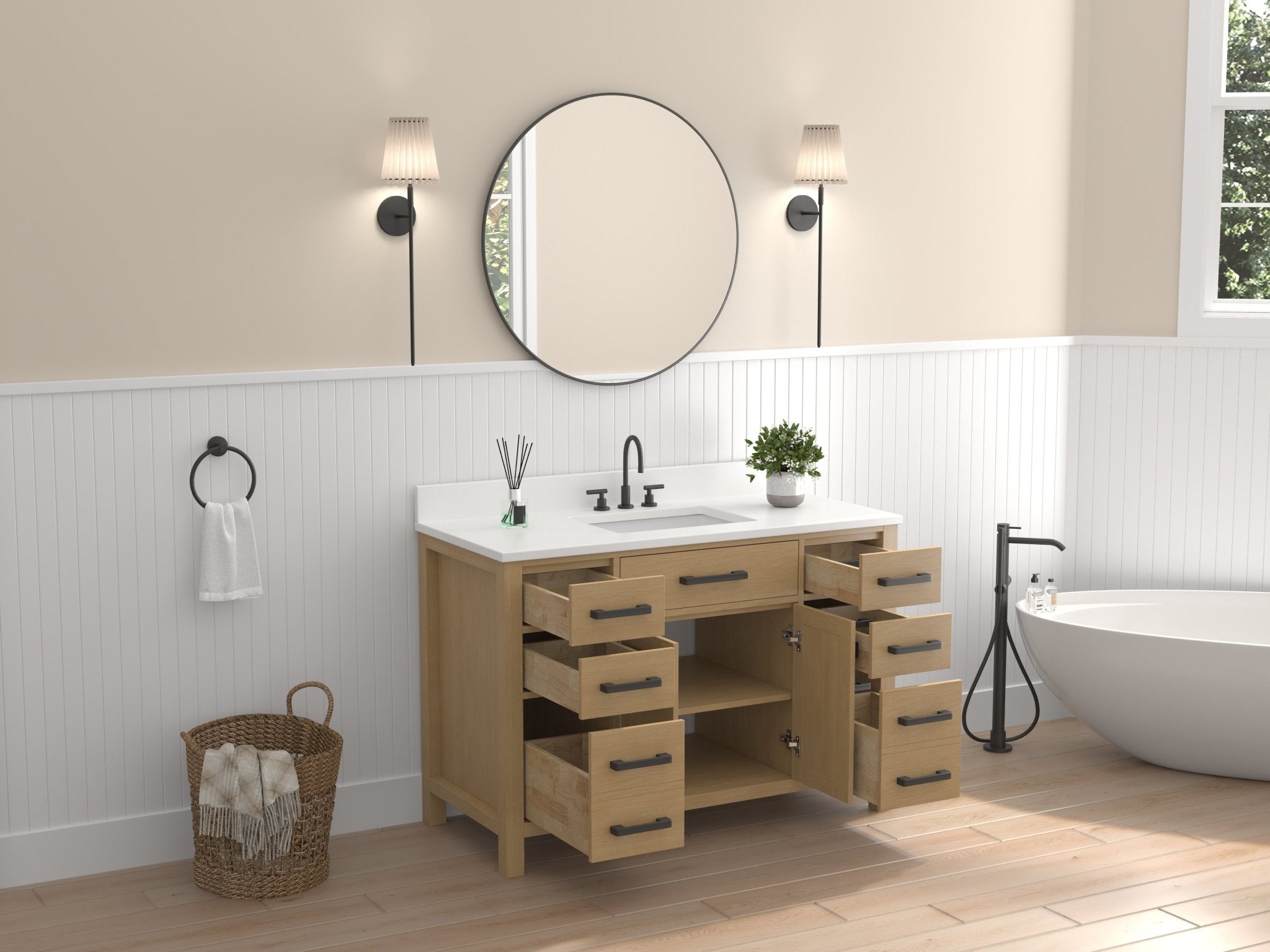 Chans Furniture VH-6608WD-48 48 Inch Aged Oak Finish Rella Single Sink Bathroom Vanity With White Quartz Top