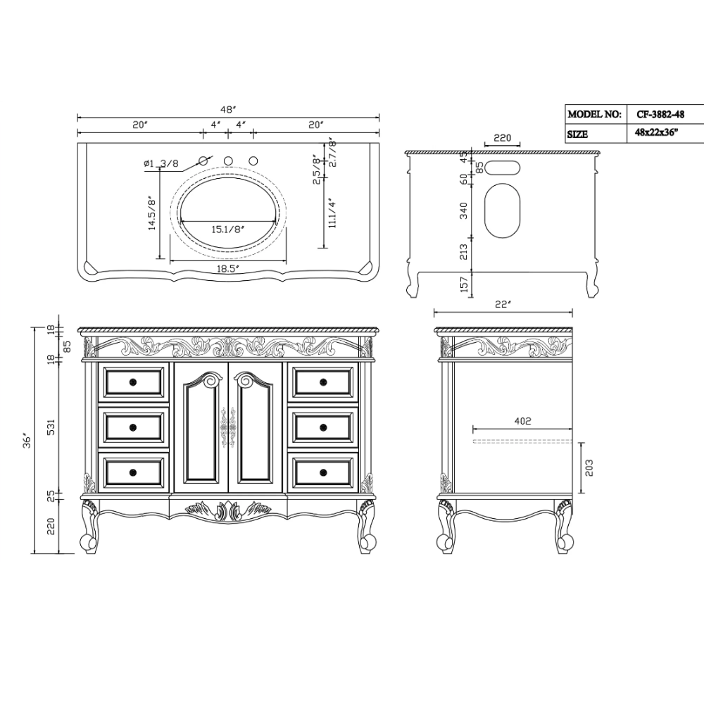 Chans Furniture SW-3882W-AW-48 48 Inch Antique White Traditional Style Single Sink Beckham Bathroom Vanity