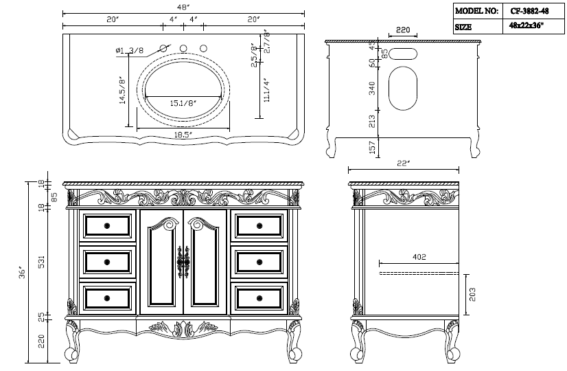 Chans Furniture SW-3882M-TK-48 48 Inch Dark Brown Traditional Style Single Sink Cream Marble Countertop Beckham Bathroom Vanity