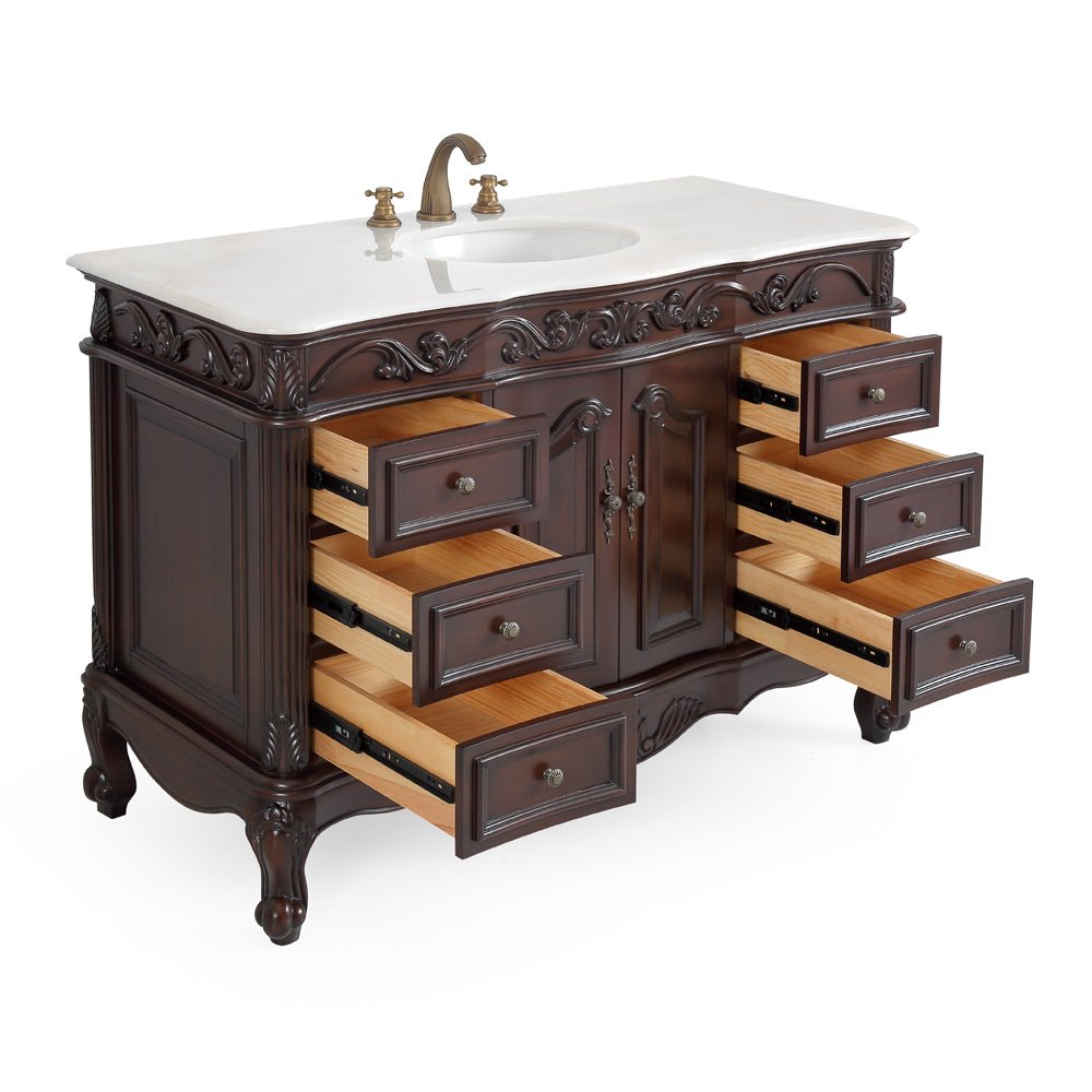 Chans Furniture CF-3882W-TK-48 48 Inch Dark Brown Traditional Style Single Sink White Marble Countertop Beckham Bathroom Vanity