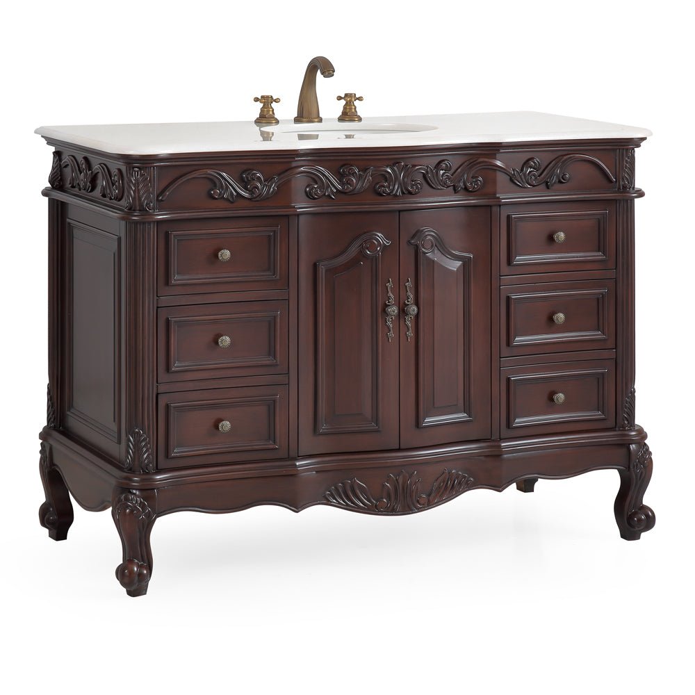 Chans Furniture CF-3882W-TK-48 48 Inch Dark Brown Traditional Style Single Sink White Marble Countertop Beckham Bathroom Vanity