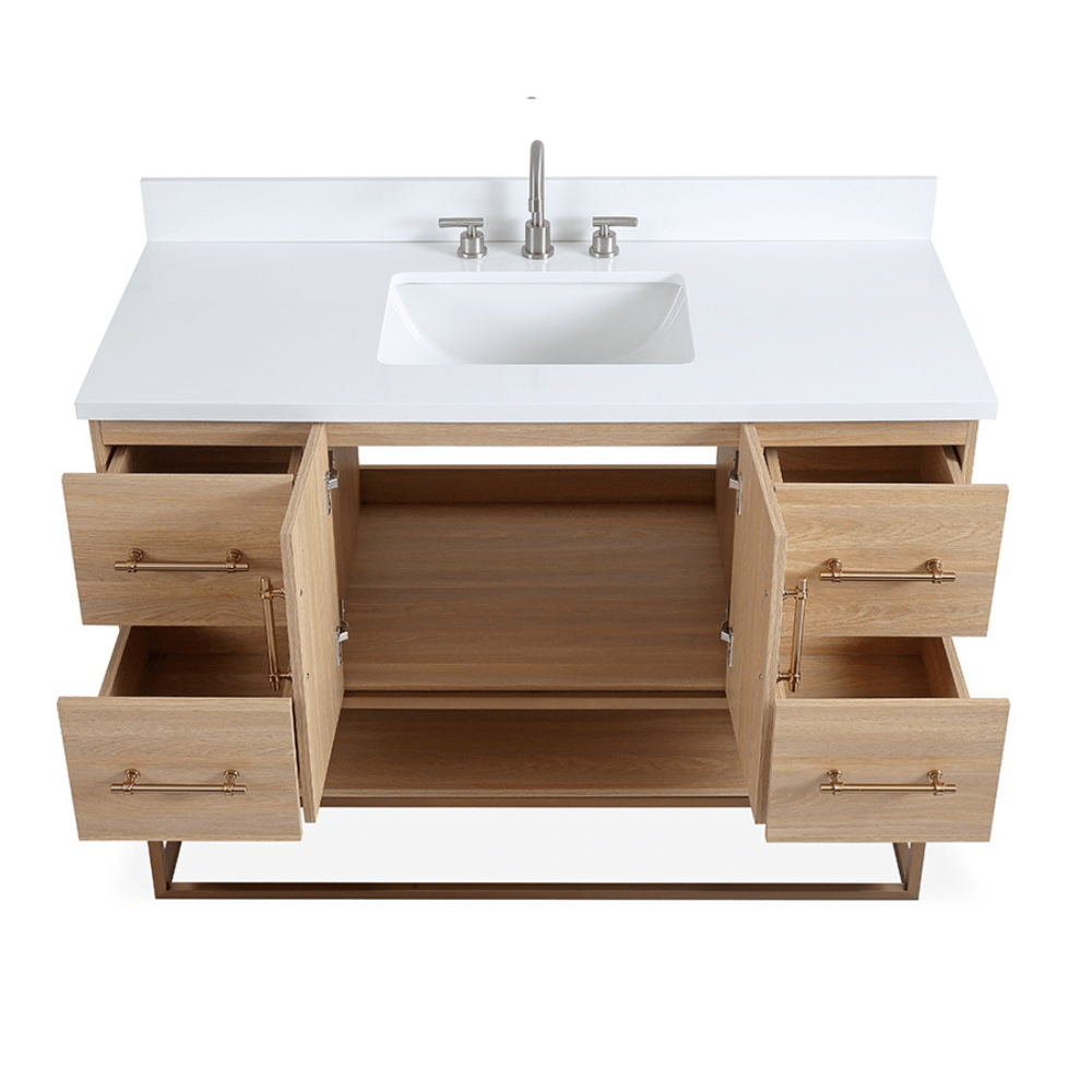Chans Furniture GD-CZ2461-48WD 48 Inch Light Oak Lima Single Sink Bathroom Vanity With Open Shelf & Gold Leg Base