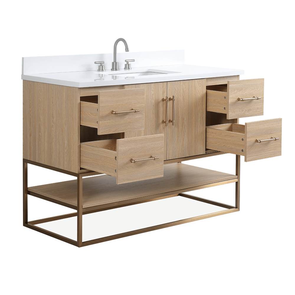 Chans Furniture GD-CZ2461-48WD 48 Inch Light Oak Lima Single Sink Bathroom Vanity With Open Shelf & Gold Leg Base