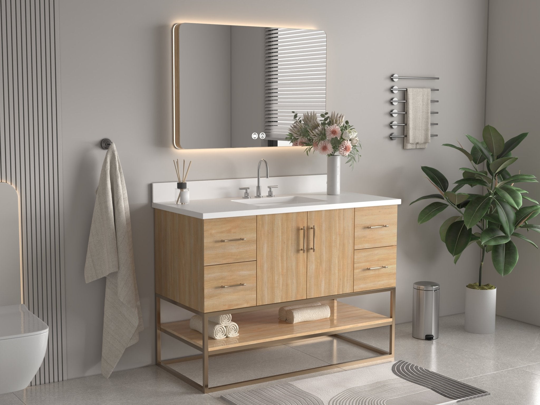 Chans Furniture GD-CZ2461-48WD 48 Inch Light Oak Lima Single Sink Bathroom Vanity With Open Shelf & Gold Leg Base