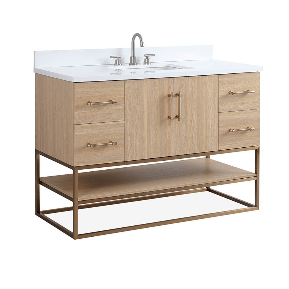 Chans Furniture GD-CZ2461-48WD 48 Inch Light Oak Lima Single Sink Bathroom Vanity With Open Shelf & Gold Leg Base