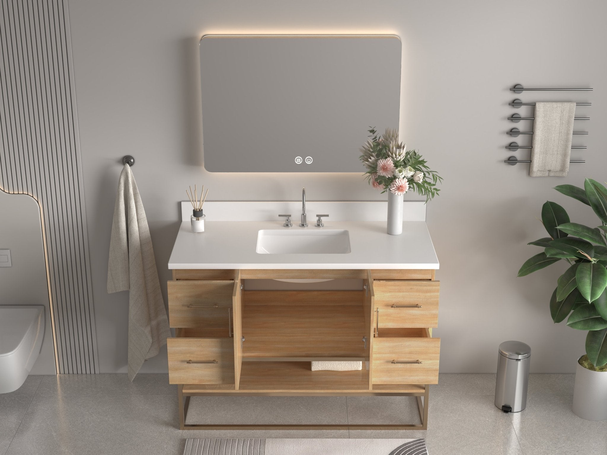 Chans Furniture GD-CZ2461-48WD 48 Inch Light Oak Lima Single Sink Bathroom Vanity With Open Shelf & Gold Leg Base