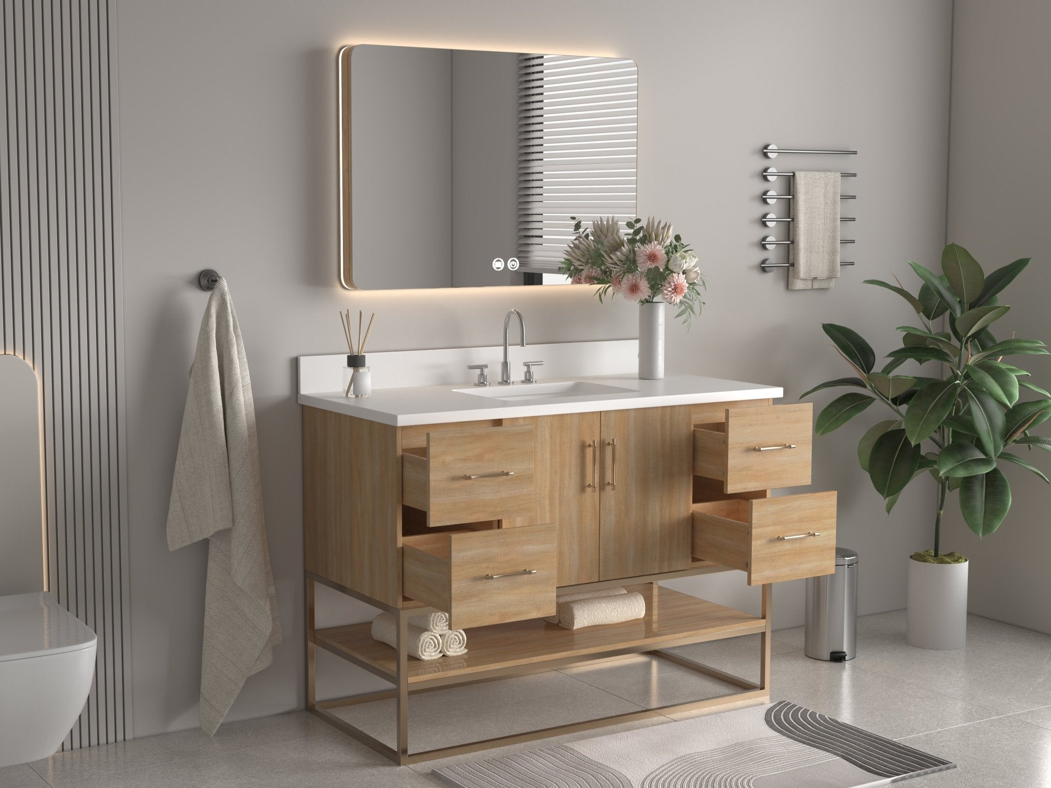 Chans Furniture GD-CZ2461-48WD 48 Inch Light Oak Lima Single Sink Bathroom Vanity With Open Shelf & Gold Leg Base