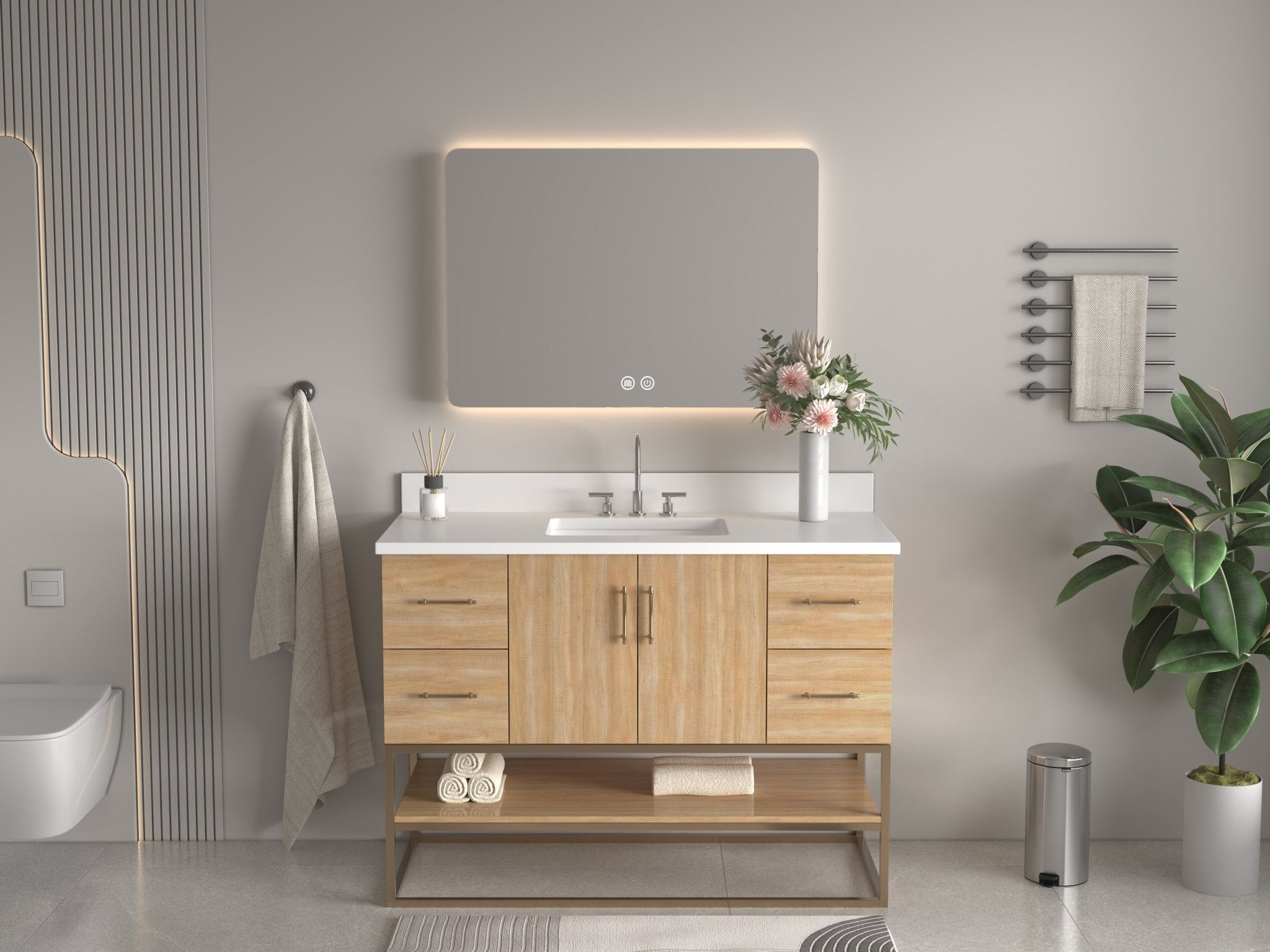 Chans Furniture GD-CZ2461-48WD 48 Inch Light Oak Lima Single Sink Bathroom Vanity With Open Shelf & Gold Leg Base
