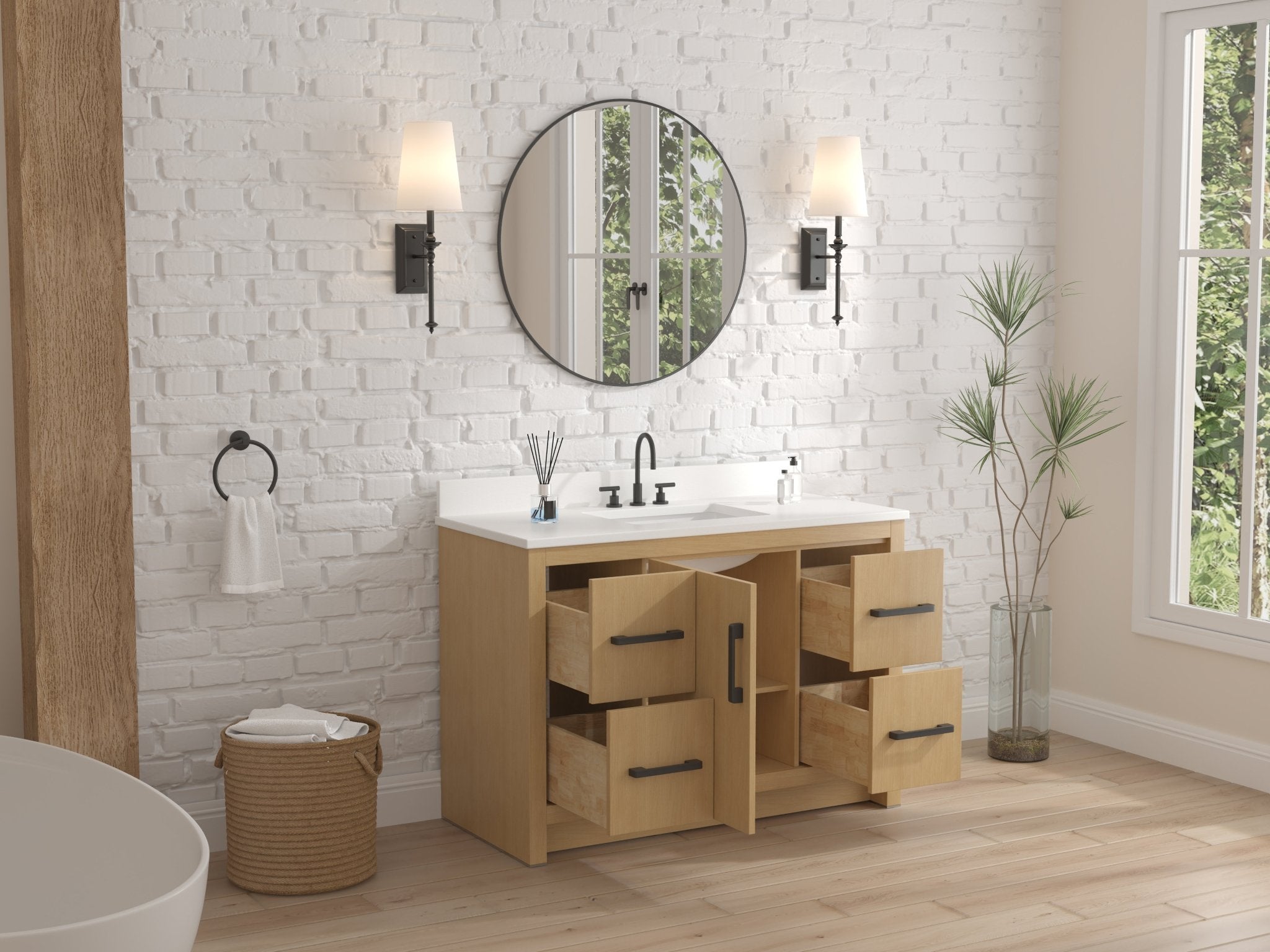 Chans Furniture VH-3320WD-48 48 Inch Light Oak Sandi Single Sink Bathroom Vanity Toe Kick Style With White Quartz Top