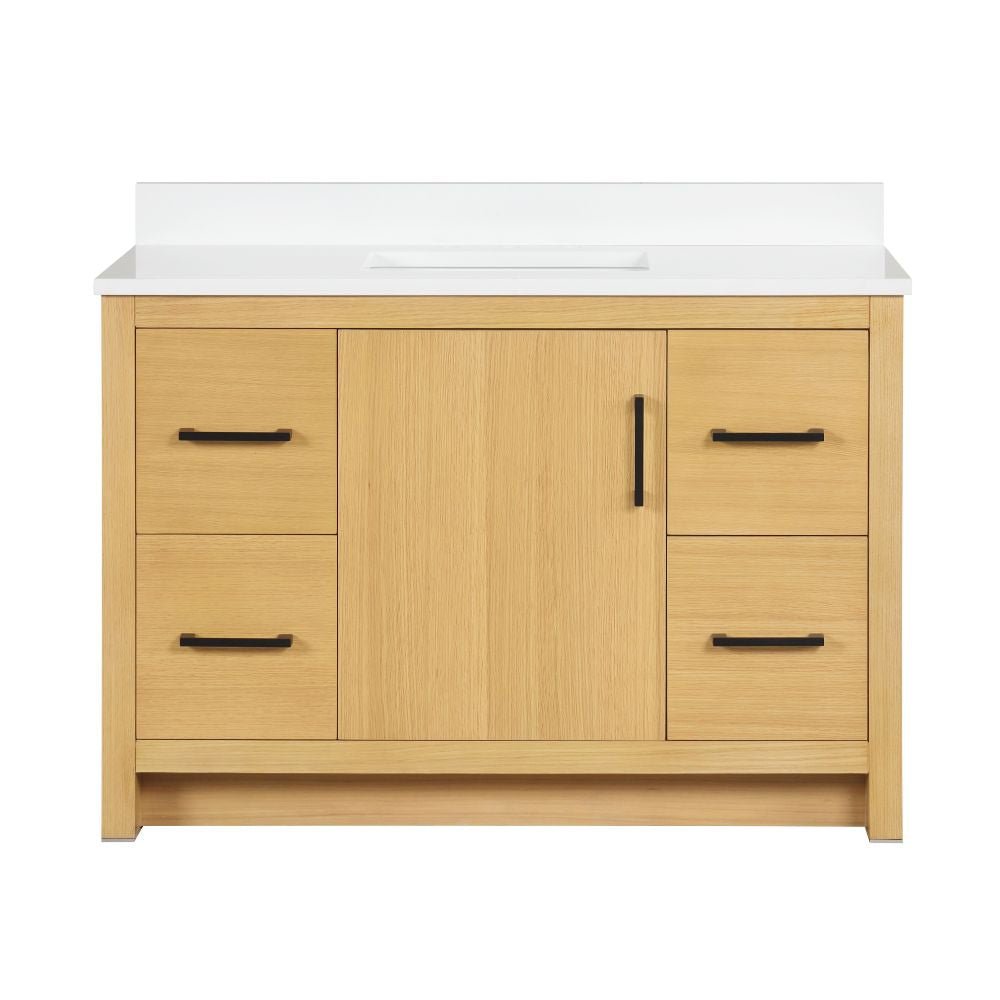 Chans Furniture VH-3320WD-48 48 Inch Light Oak Sandi Single Sink Bathroom Vanity Toe Kick Style With White Quartz Top