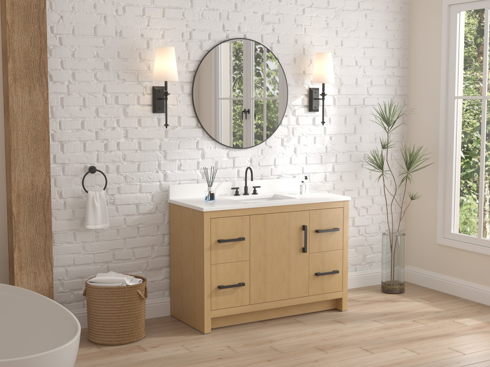 Chans Furniture VH-3320WD-48 48 Inch Light Oak Sandi Single Sink Bathroom Vanity Toe Kick Style With White Quartz Top