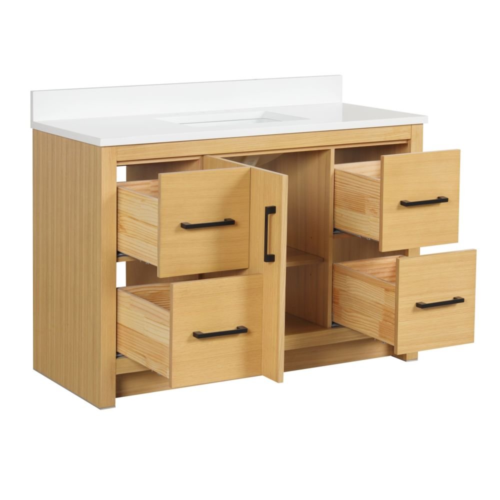 Chans Furniture VH-3320WD-48 48 Inch Light Oak Sandi Single Sink Bathroom Vanity Toe Kick Style With White Quartz Top
